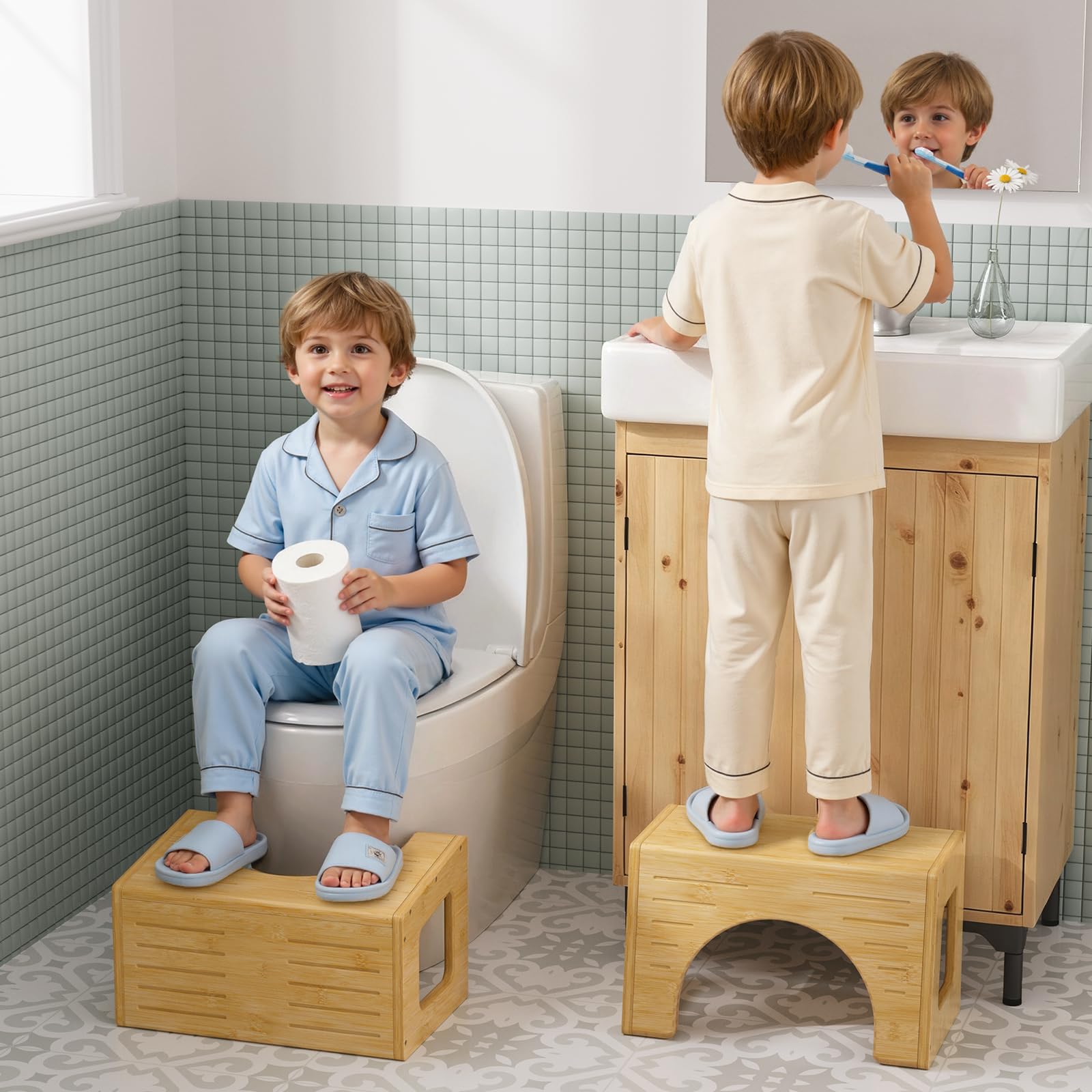 AmazerBath Toilet Stool for Toddler Potty Training 3-in-1 Sturdy Bamboo One Step Squat Poop Foot Stool Non-Slip Baby