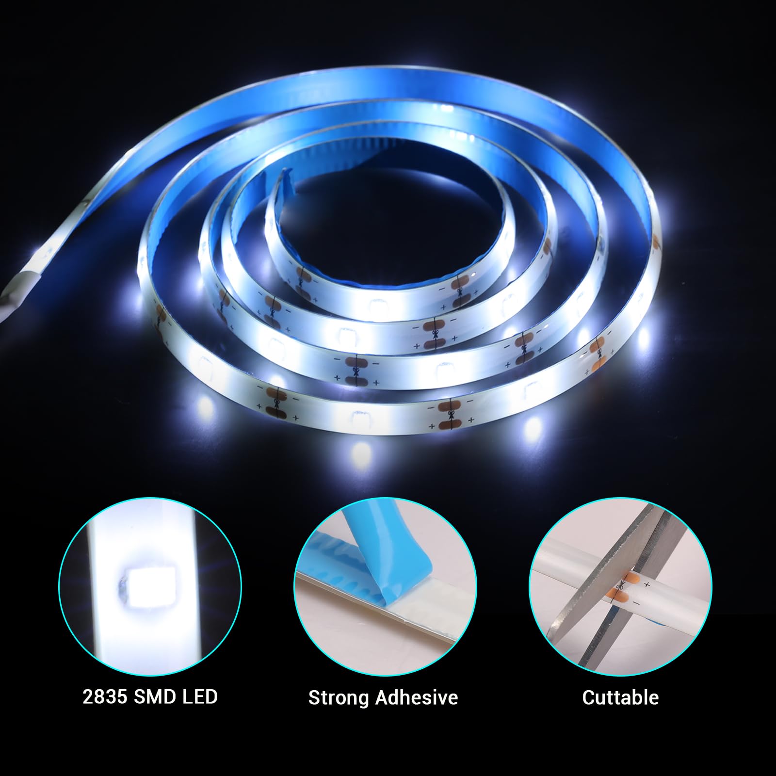 Battery Powered Strip Lights White with Remote, 3.3FT Led Strip Light with 8 Modes, Dimmable, Timer, Self-Adhesive, Cuttable, Waterproof