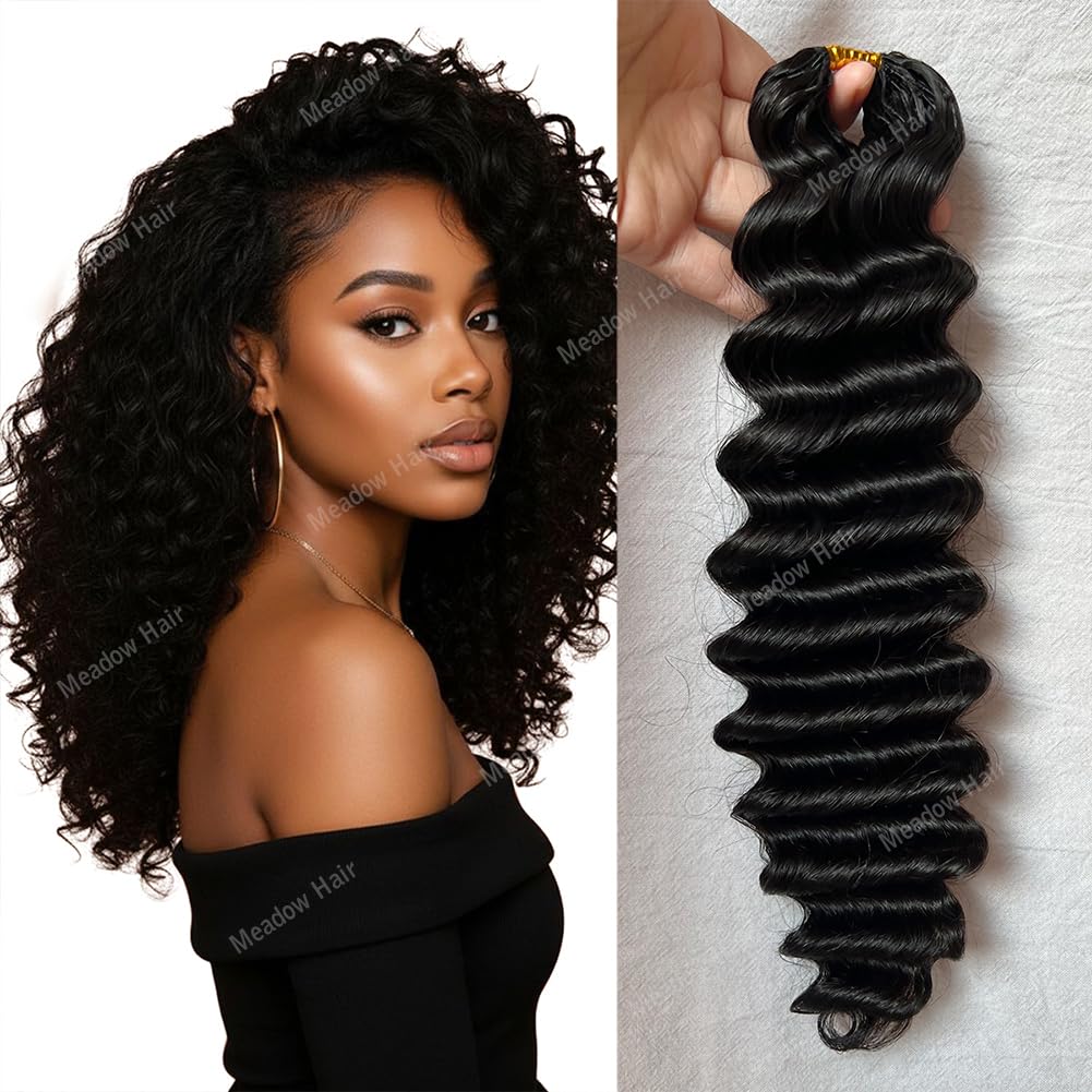 Deep Wave Feather Crochet Human Hair Extensions Brazilian Virgin Hair Upgrade Bulk Knotless Boho Braids Hair Pre Looped Curly Braiding Bundles for Black Women Meadow Hair 16inch 120g