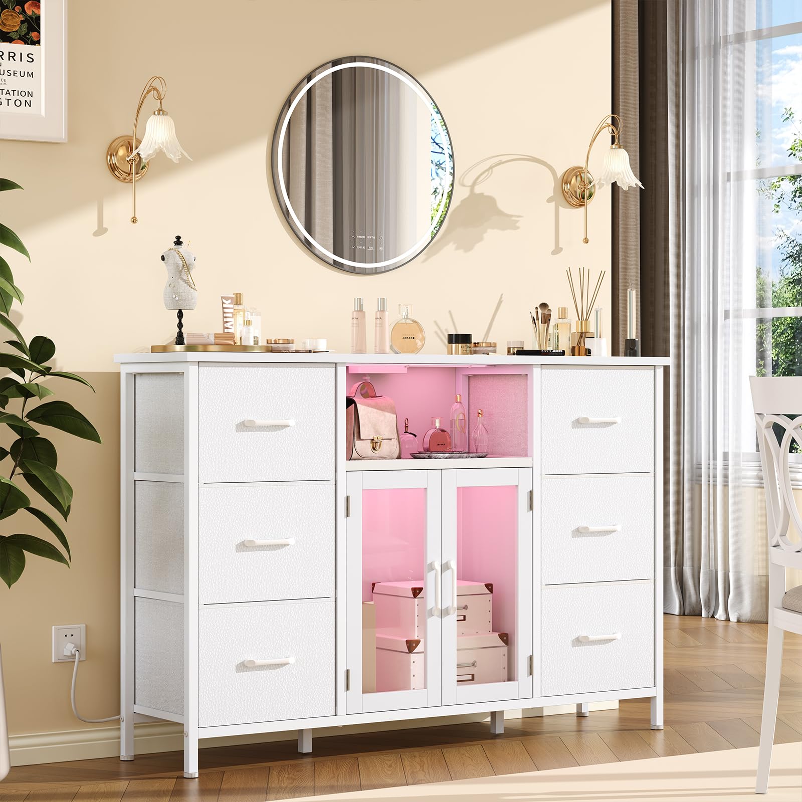 FFBCFDK Dresser for Bedroom with Charging Station & LED Light, White 6 Drawer Dresser with Adjustable Feet, Wide Anti-Tip TV Stand for 60" TV, Fabric Chest of Drawer Storage Organizer for Living Room