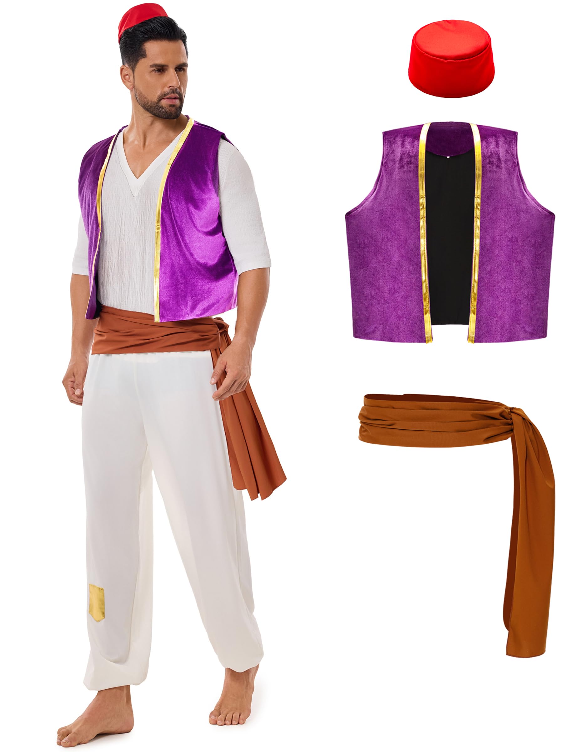 Funna Arabian Costume Men Adult Prince Dress Up 5 Piece Outfit with Vest Hat Shirt Pants Belt for
