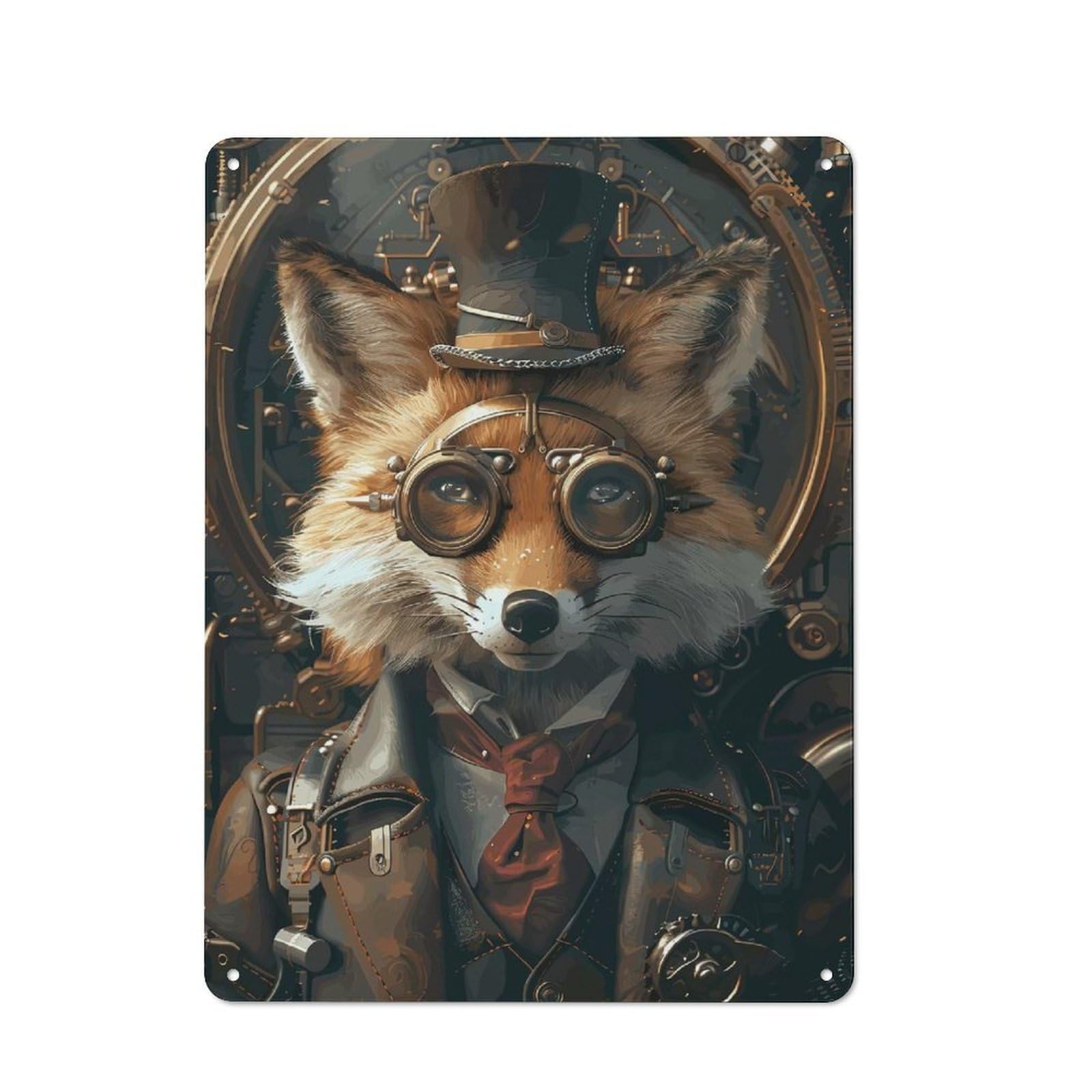 Steampunk Animal Fox Understated Metal Wall Decor 40x30cm, Decorative Metal Sign for Workspace, Cafe, Shop Or Desk Area