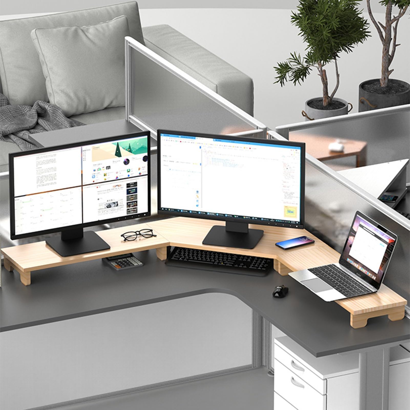 Support Moniteur Bois Avec 3 Tiroirs Verrouillables – Rehausseur Écran 180° Rotatif, Organiseur Bureau Ergonomique