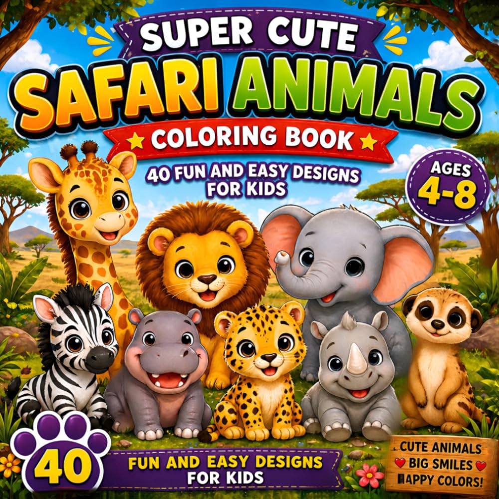 Super Cute Safari Animals Coloring Book for Kids Ages 4–8: Super Cute Safari Animals Coloring Book for Kids Ages 4–8 (Super Cute Animals Series)