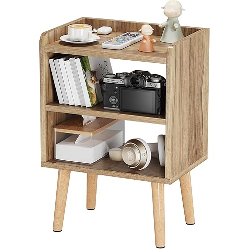 LUCKNOCK Night Stand, Modern Bedside Tables, Mid Century Nightstands with Open Storage Shelf, Wood Bedside Table, Small Night Stands for Bedroom, 3-Tier Night Table, Walnut.