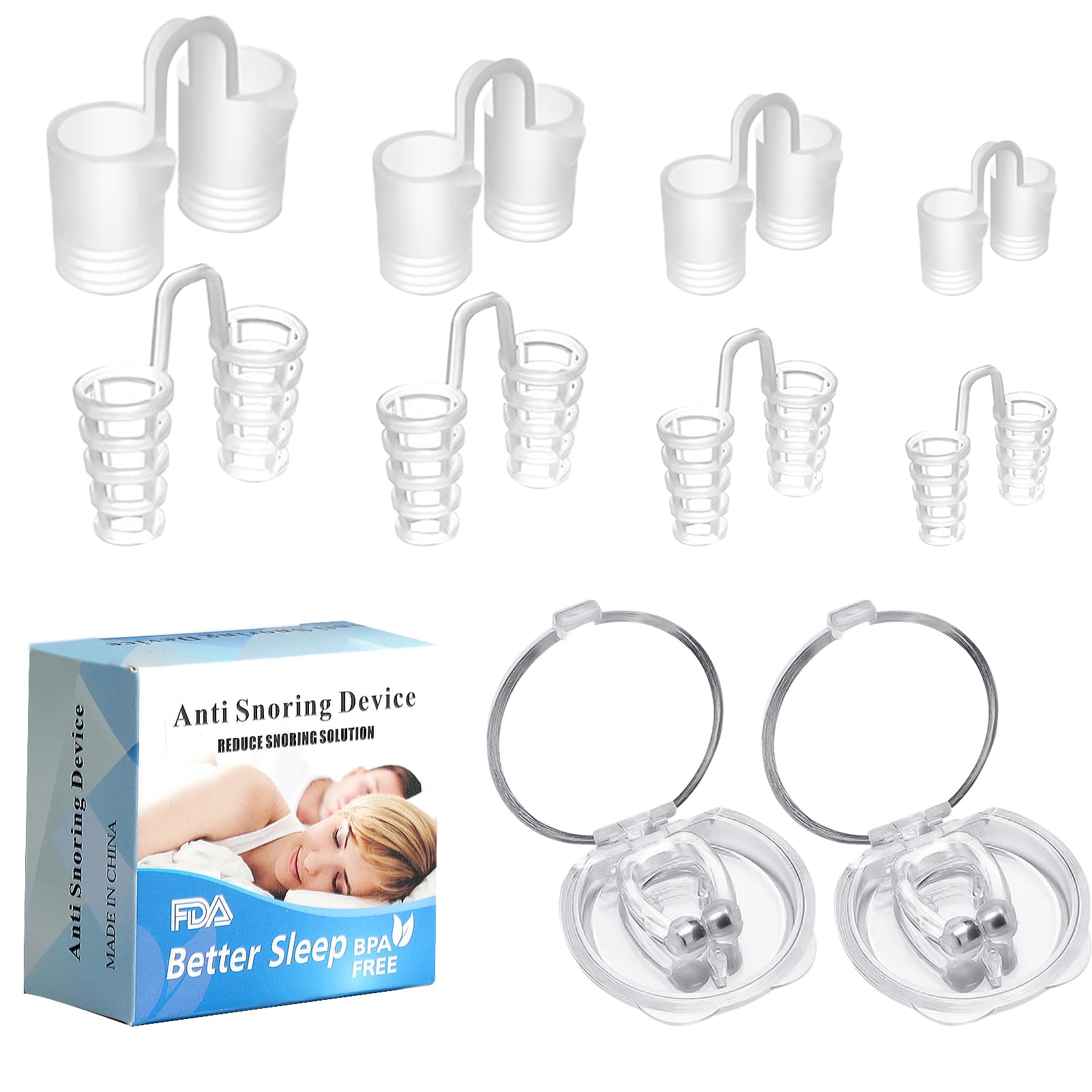 Anti Snore Devices, 10PCS Reusable Stop Snoring Stopper, Silicone Nose Vents Plug & Magnetic Anti-Snoring Nose Clips, Solution Nasal Snorers Sleep Aid Relieve Snore for Men Women (S M L XL)