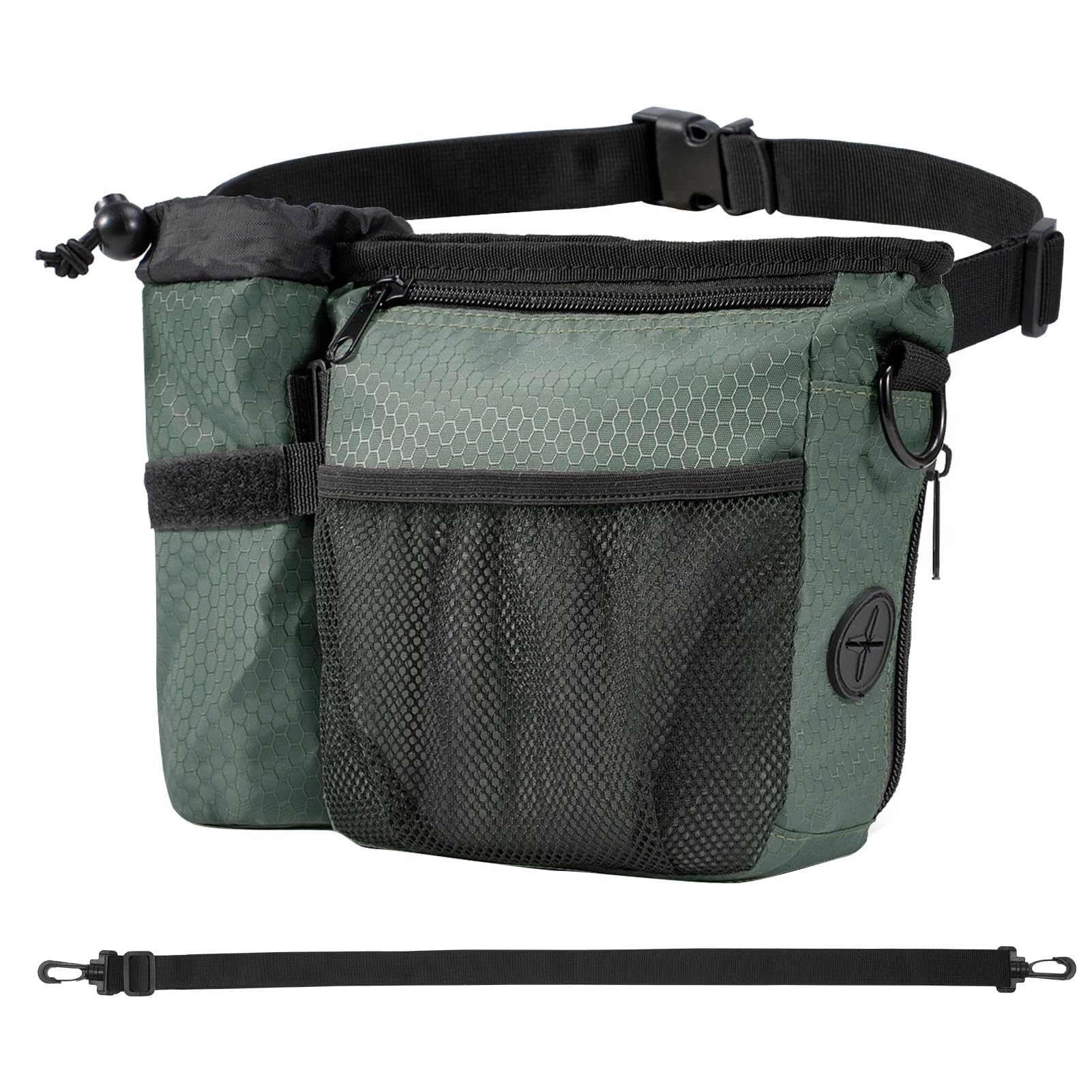 Erhalithegro Dog Treat Training Pouch with Magnetic Zipper Closure - Built-in Poop Bag Dispenser, Side Pocket for Dog Water Bottle, 3 Ways to Wear,Carry Kibble & Pet Toys (GrayishGreen)