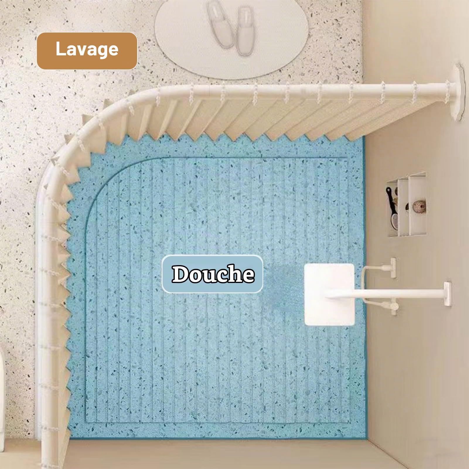 Rideau de Douche Anti Moisissure en Tissu, Beige, 240x200cm | Imperméable Lavable avec Crochets, Rideau de Douche d'angle Pliable Aimantée pour Salle de Bain, 230 g/m²