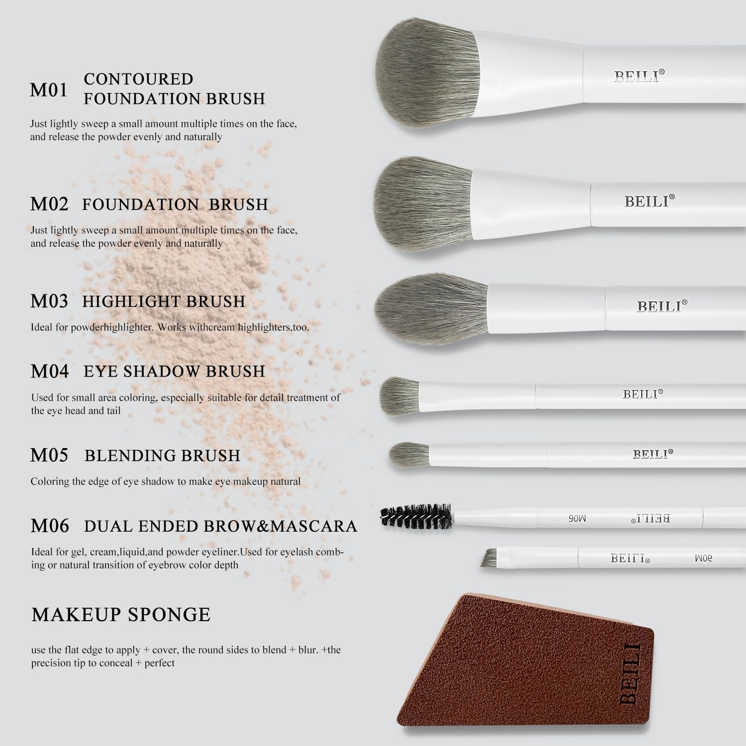 BEILI Mini 6Pcs Makeup Brush Set – Classic White, Professional Makeup Brushes for Foundation, Contour, Highlighter & Blending, Travel-Ready with Sponge