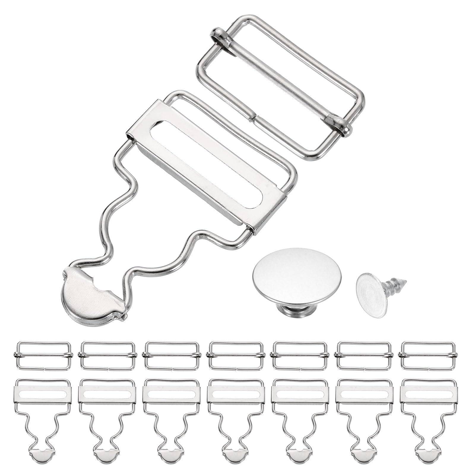 sourcing map 8 Set Metal Overalls Buckles, 1-1/4" Overall Suspender Clips, Adjustable Buckle Replacement with Sliders and Buttons for Bib Trousers Jeans Suspender, Silver