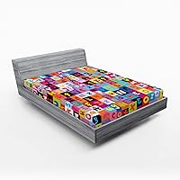 Vista 47 de Ambesonne Sábana bajera abstracta con estampado gráfico de letras del alfabeto de colores, funda de cama con bolsillo profundo elástico para mayor