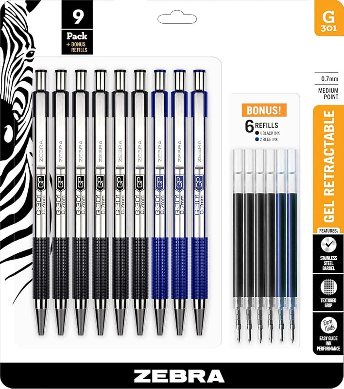 Zebra Pen G-301 Retractable Gel Pen, 0.7mm Medium Point, Stainless Steel Barrel, Textured Grip, 6 Black & 3 Blue Pens W/ 6 Refill Cartridges
