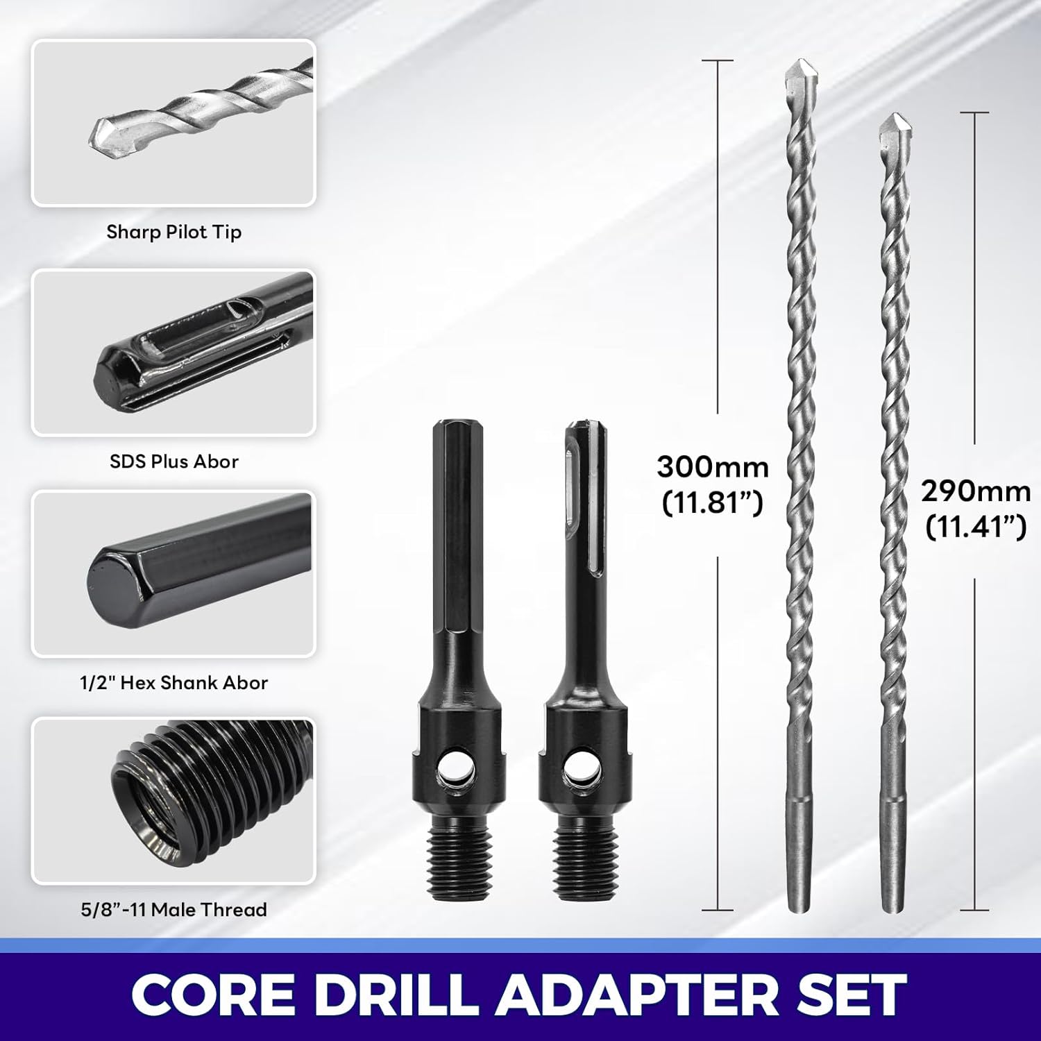 Core Drill Adapter with 2 PCS Long Pilot Bits (11.41" and 11.81") - SDS Plus and Hex Shank Adapter for 5/8"-11 Thread Core Bit, Centering Drill Guiding Kit