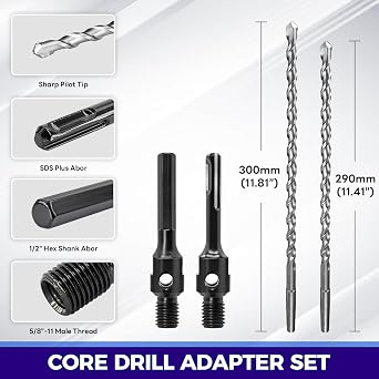Core Drill Adapter with 2 Long Pilot Bits (11.41 and 11.81) - SDS Plus and Hex Shank Adapter for 5/8-11 Thread Core Bit, Centering Drill Guiding Kit