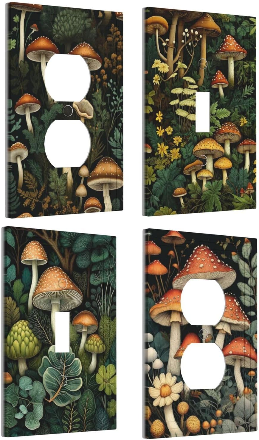 Decorative Art Light Switch Covers,1 Gang Single Duplex Outlet,Wall Plate,Switchplate Electrical Faceplate,Mushroom,(4PACKS)