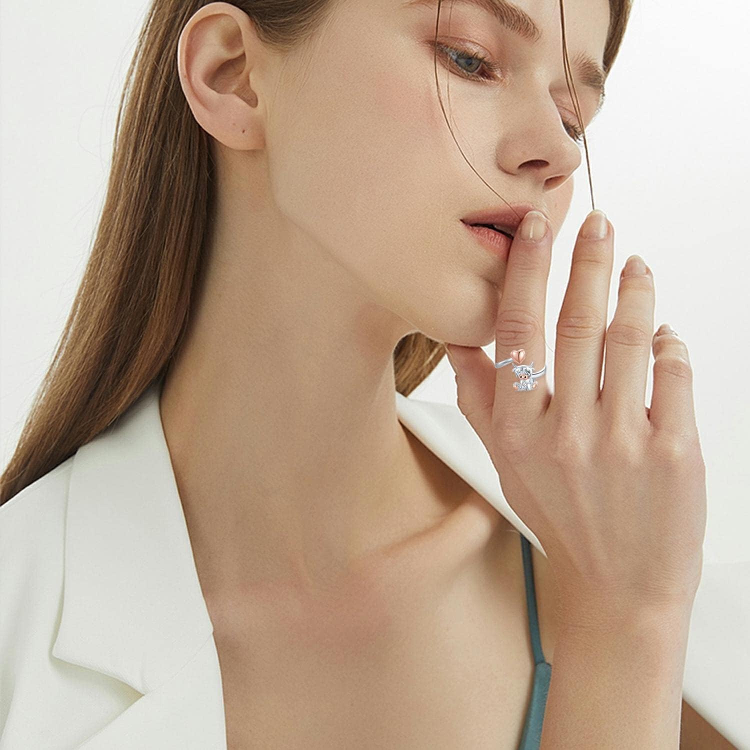 Highland Cow Open Ring 925 Sterling Silver Adjustable Cute Animal Open Rings with Loving Heart Cow Jewelry Gift for Women - Image 2