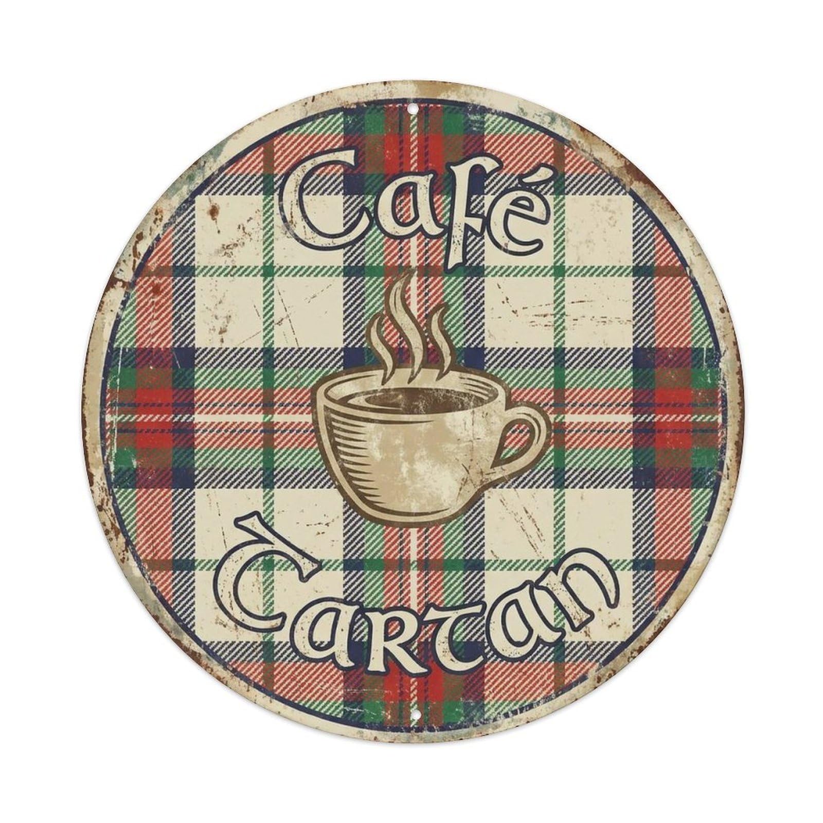 Tartan Moka Plaid Pot Shopfront Coffeehouse Espresso Metal Tin Sign Plaque Wall Decor for Cafe, Man Cave, Club Bar, Office, Home Garden Round Metal Poster 8x8Inch
