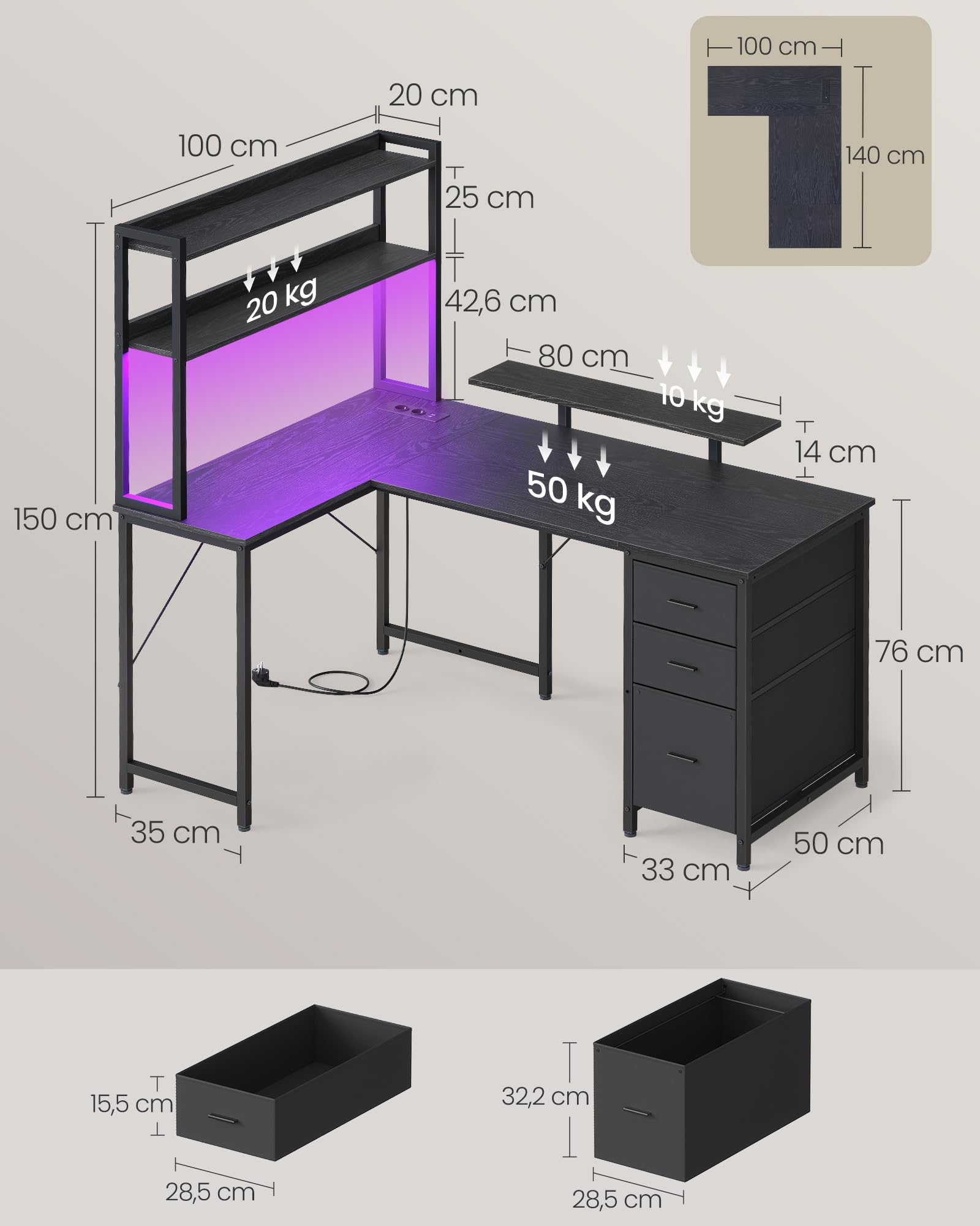 VASAGLE Escritorio en Forma de L, con Enchufes, Luces LED, Cajones y Soporte para Monitor, 140 x 100 x 150 cm, Negro, para Oficina en Casa y Gaming, Colección Barnet LWD162B101