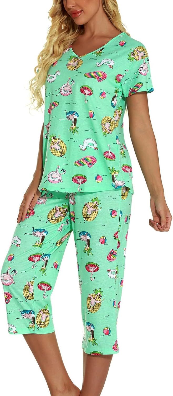 Lu's Chic Women's Cute Pajama Set Soft Cotton Capri Short Sleeve Comfy Pjs Pant Two Piece Sleepwear image 4