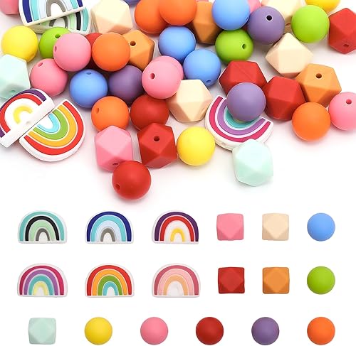 CHGCRAFT 66 cuentas de silicona arcoíris de 18 estilos, cuentas octágonas redondas de silicona, cuentas espaciadoras sueltas para bricolaje,