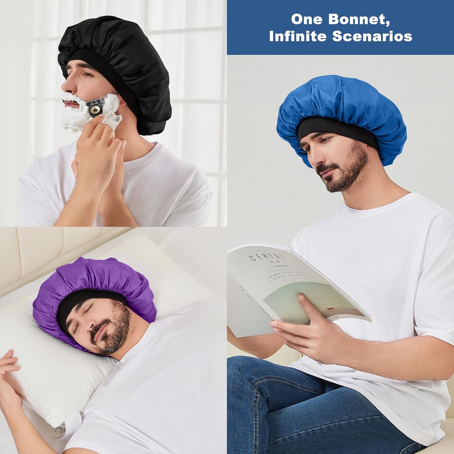 Selalu 3Pcs Satin Bonnets for Sleeping Women Men | Hair Bonnet with Soft Elastic Band, Silk Sleep Bonnet for Curly Hair Braids, Black Blue Purple