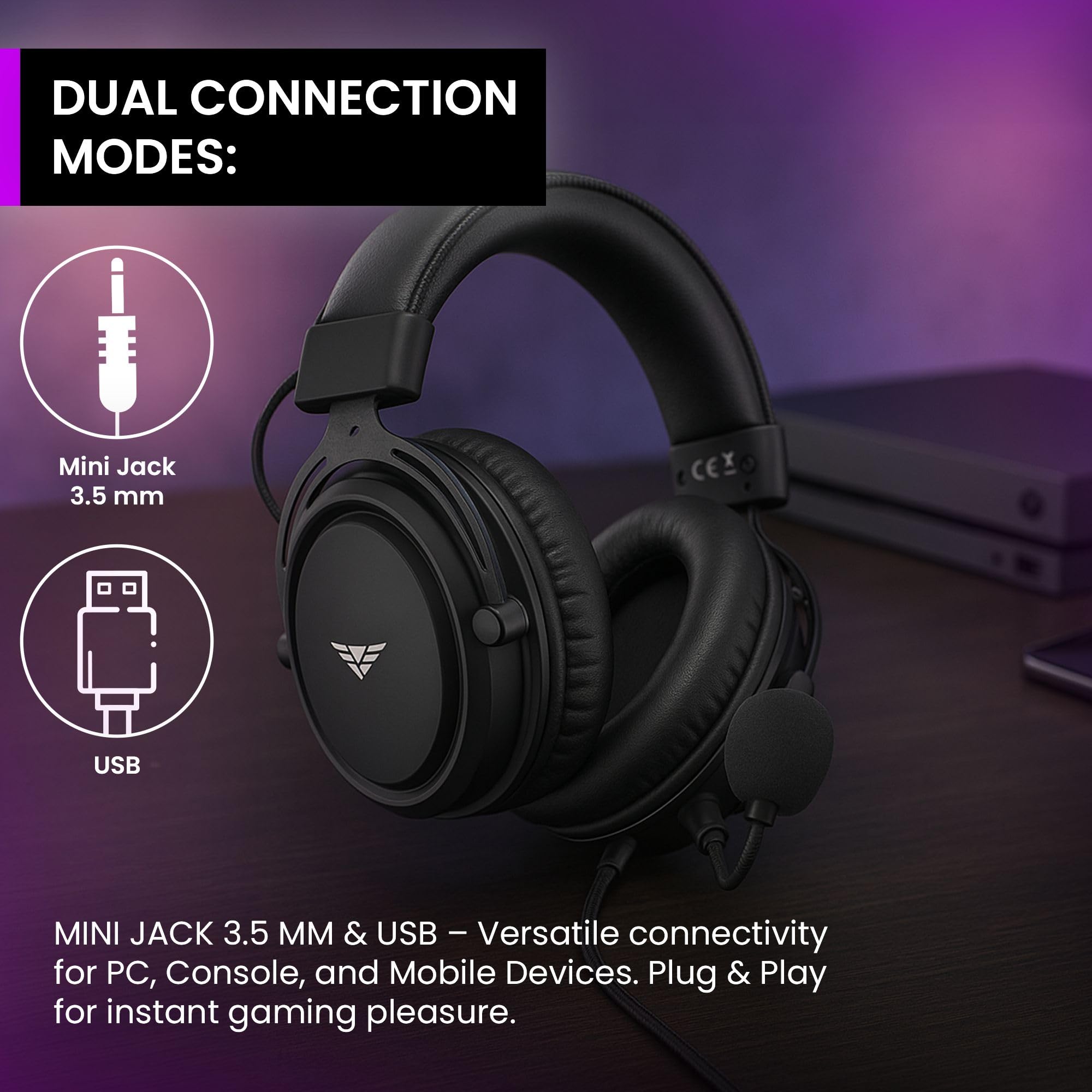 PREYON Cuffie Gaming PS5 con Filo e Microfono Headset per PC Xbox Musica PS4 - Headphones Accessori Cavo Jack USB Over Ear Stereo Surround Padiglioni Morbidi Streaming E-sport - Storm Fly II Nero