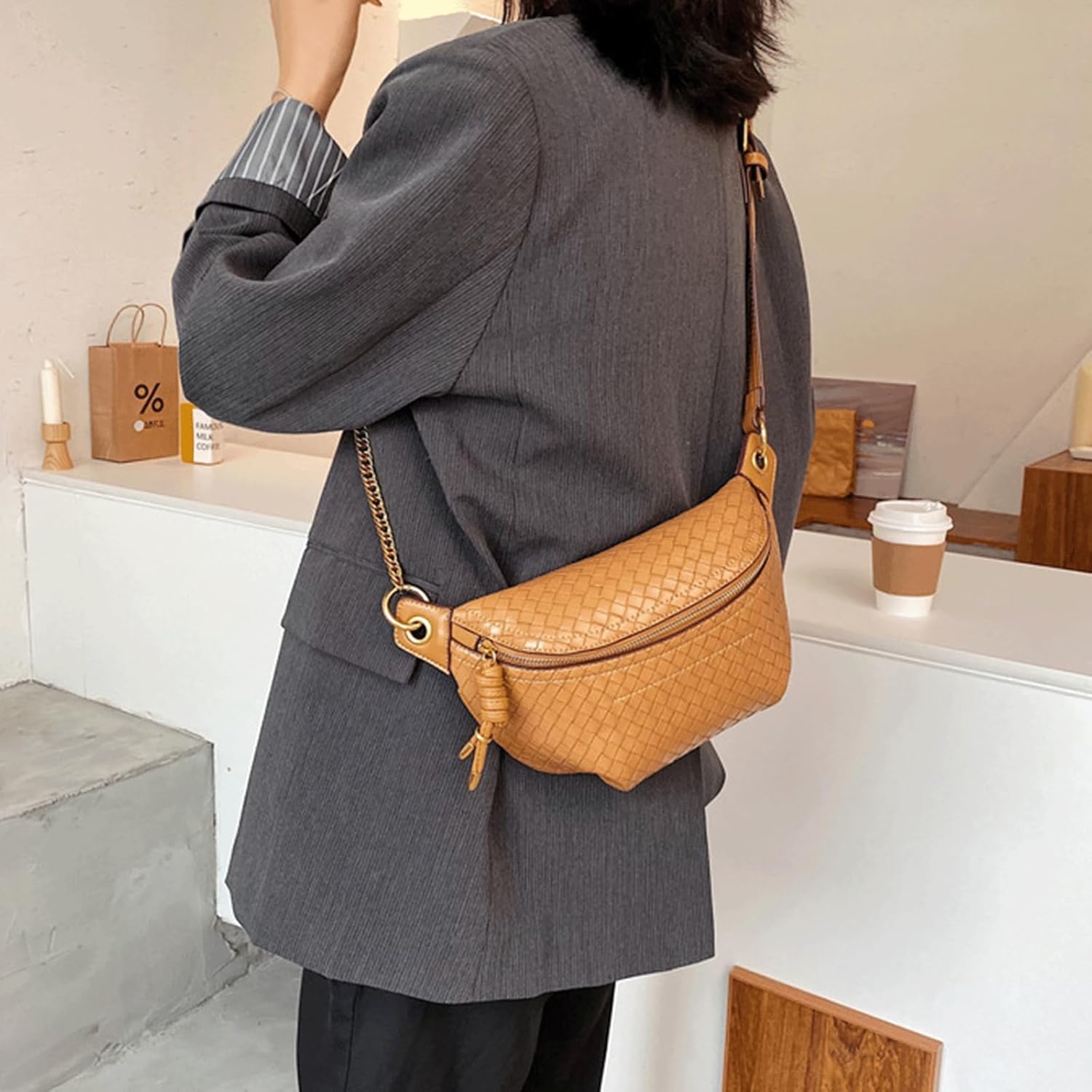 Woven Bum Bag Stylish Sling Purse with Adjustable PU Leather Belt Fanny Waist Pack Chest Shoulder Bag Retro Crossbody Bum Bags for Women Casual Daily Use(Brown) - Image 3