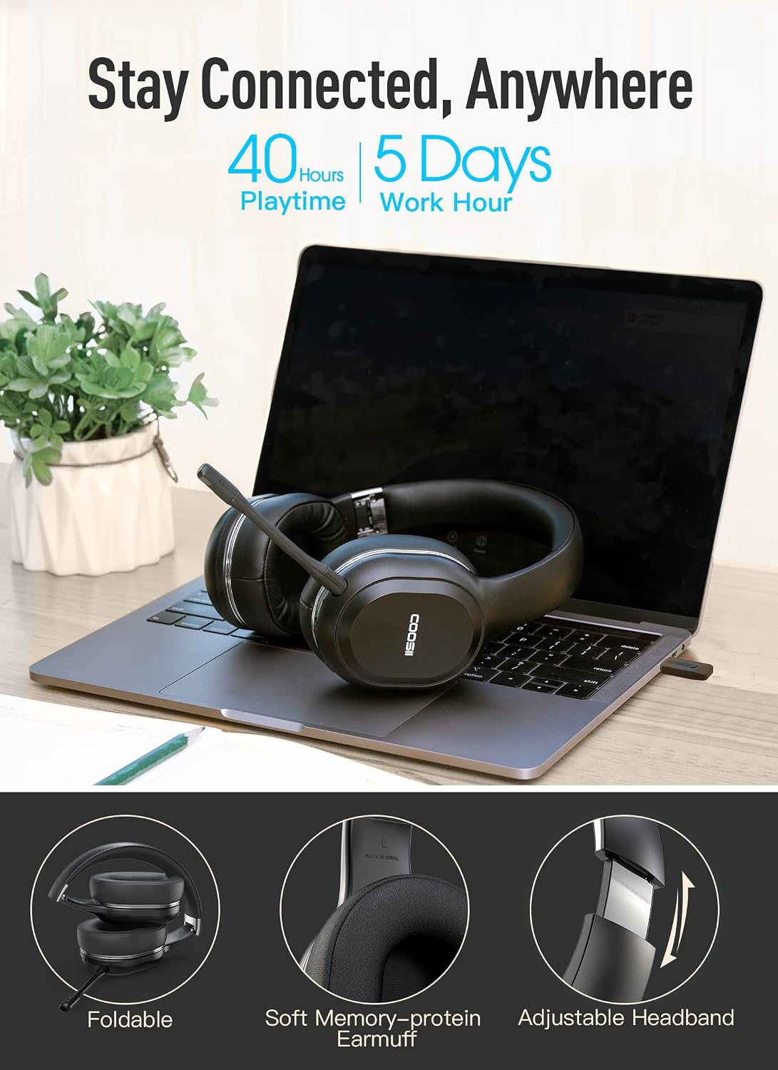 COOSII P80C Bluetooth Headphones Wireless with Dual Microphone with V5.0 USB Dongle Adapter for PC Computer Home Office Online Class Headset, 40H for Laptop Chromebook Cellphone Skype Zoom Call Center