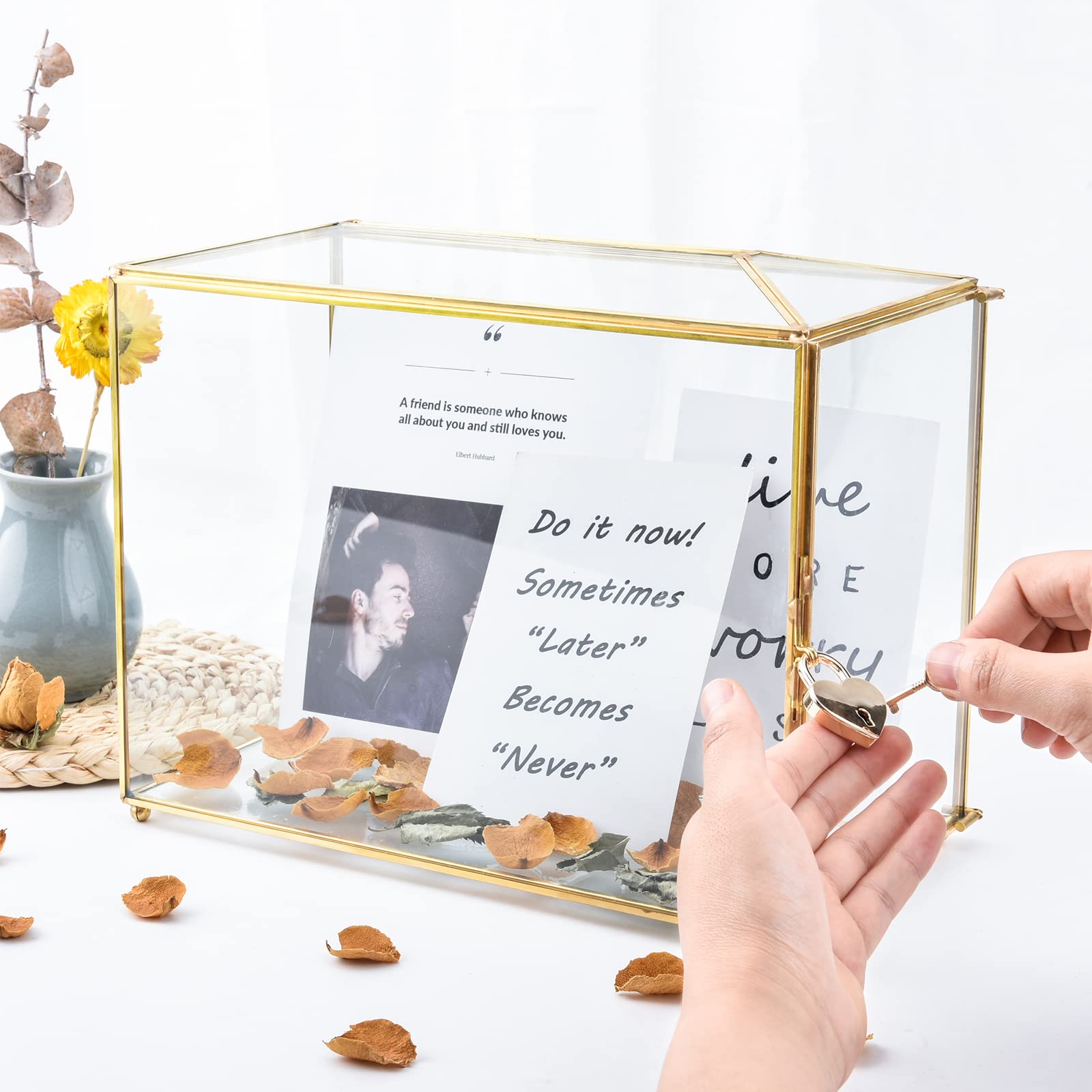 Pudełko na karty ślubne 28 cm, złote szklane etui na karty z zamkami i przegródką na górze, przezroczyste terrarium w kształcie geometrycznym na pamiątkę/wieczór panieński/głosowanie, ręcznie