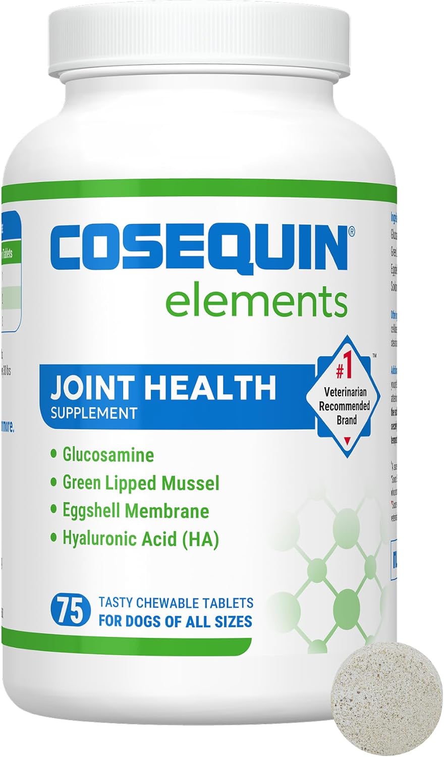 Nutramax Cosequin Elements Dog Joint Health Supplement with Glucosamine, Green Lipped Mussel, Omega-3s, Eggshell Membrane, Hyaluronic Acid, & Postbiotics, 75 Tasty Chewable Tablets for Dogs