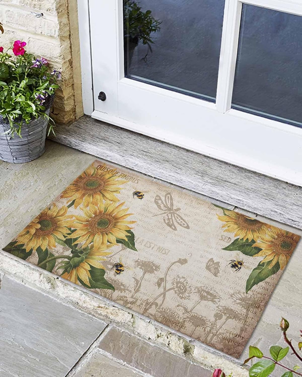 Front Door Mat, Non - Slip Absorbent Door Entry Mats, Doormats Indoor/Outdoor Entrance Small Rugs, Retro Farmhouse Sunflowers and Honey Bee Vintage Background Doormat - Floor Mats for Home 18x30 Inch