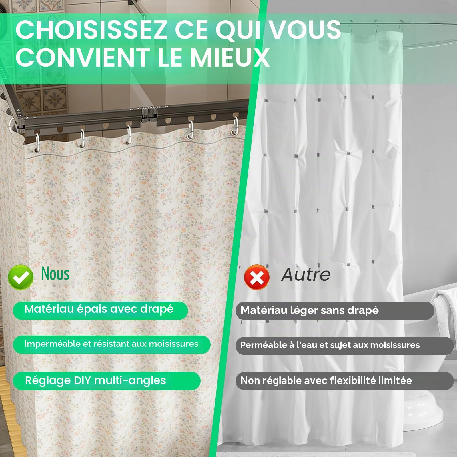 Rideau de Douche sans Perçage avec Ventouse, Forme L/U, 4 Plis, 1.8 x 2m | Tringle à Rideau de Douche Pliable, Résistante à La Moisissure, Imperméable, Lavable, avec Anneaux pour Douches D'Angle
