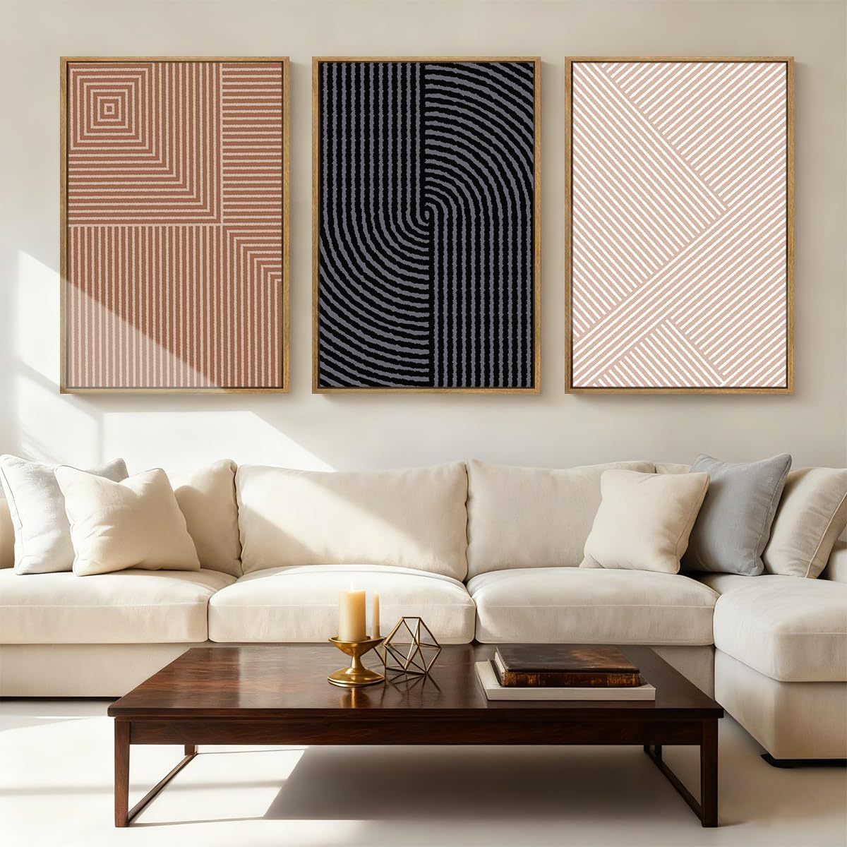 ANHUIB Extra Large Neutral Abstract Modern Canvas Wall Art Set of 3 Framed Black and White Beige Wall Decor Boho Minimalist Artwork Walls Geometric Line Painting for Living Room Bedroom Office 24x36In