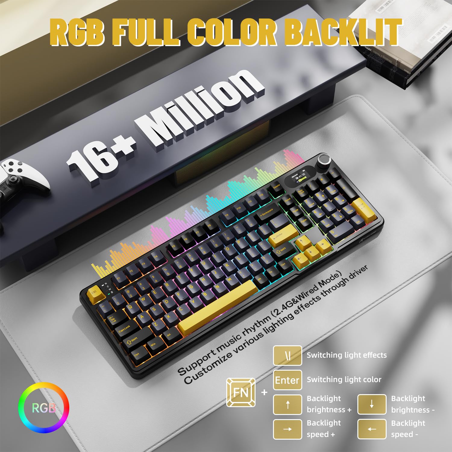 ATTACK SHARK X98PRO Gasket Tastiera da gioco meccanica, BT/2.4G Wireless/USB-C, schermo LED e manopola CNC, RGB Backlit, interruttore lineare hot-swap a 98 tasti, 4000mAh, per PC, MAC-Nero