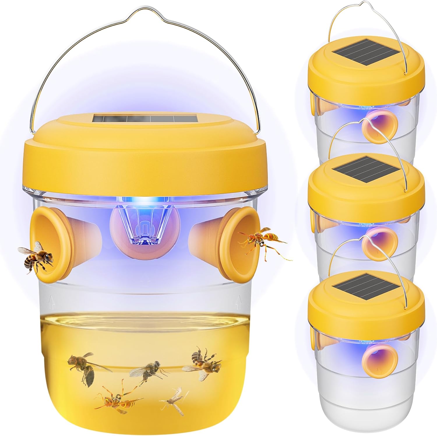 Wasp Traps Outdoor Hanging, Solar Bee Trap 4 Packs, 2025 Upgrade Wasp Deterrent Killer, Carpenter bee Catcher for Outside, Flying Insect Traps Reusable Yellow Jacket Hornet Catchers with LED Light