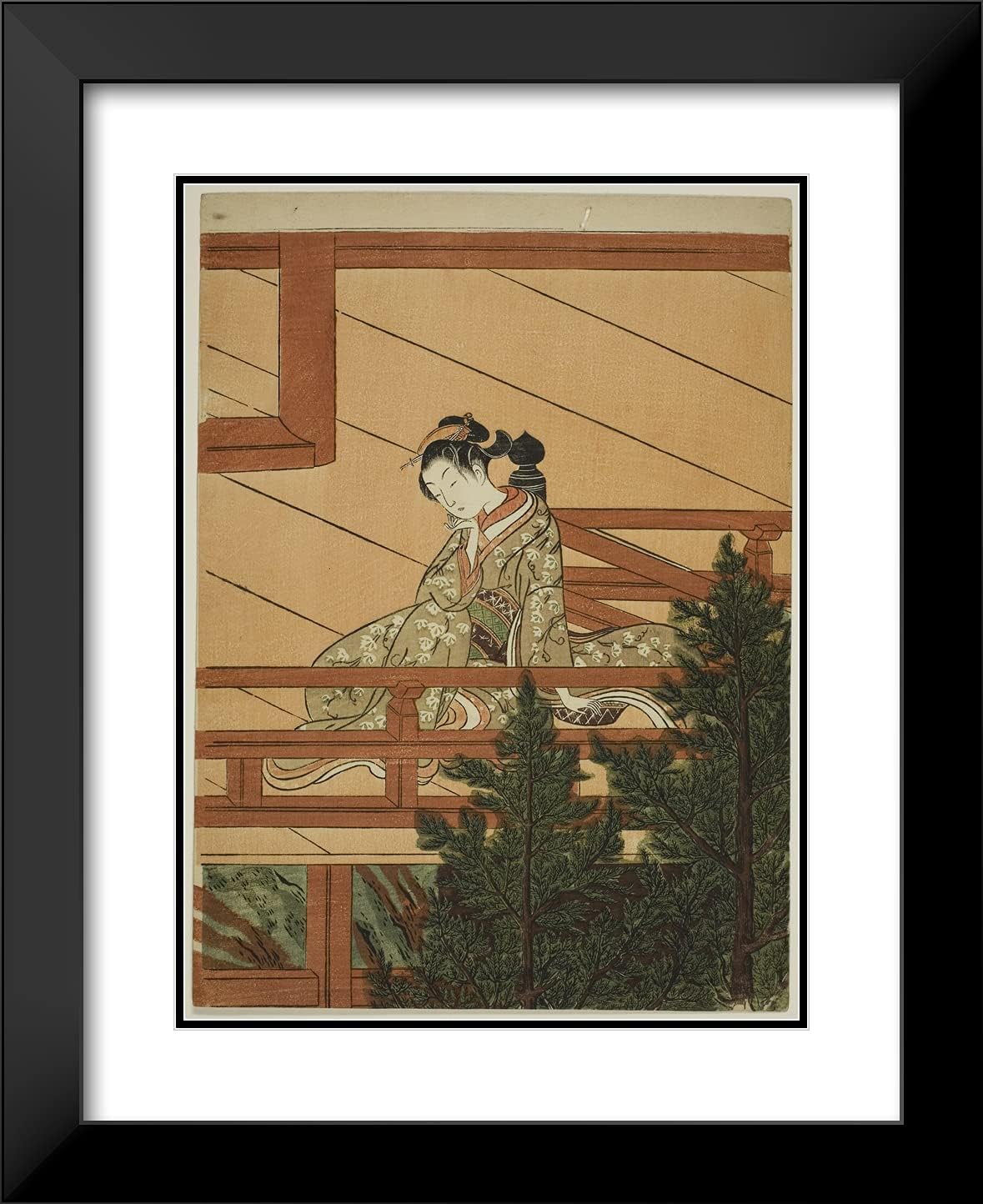 ArtDirect Suzuki Harunobu 20x24 Black Modern Framed and Double Matted Art Print Titled Young Woman Seated on The Balcony of Kiyomizu Temple