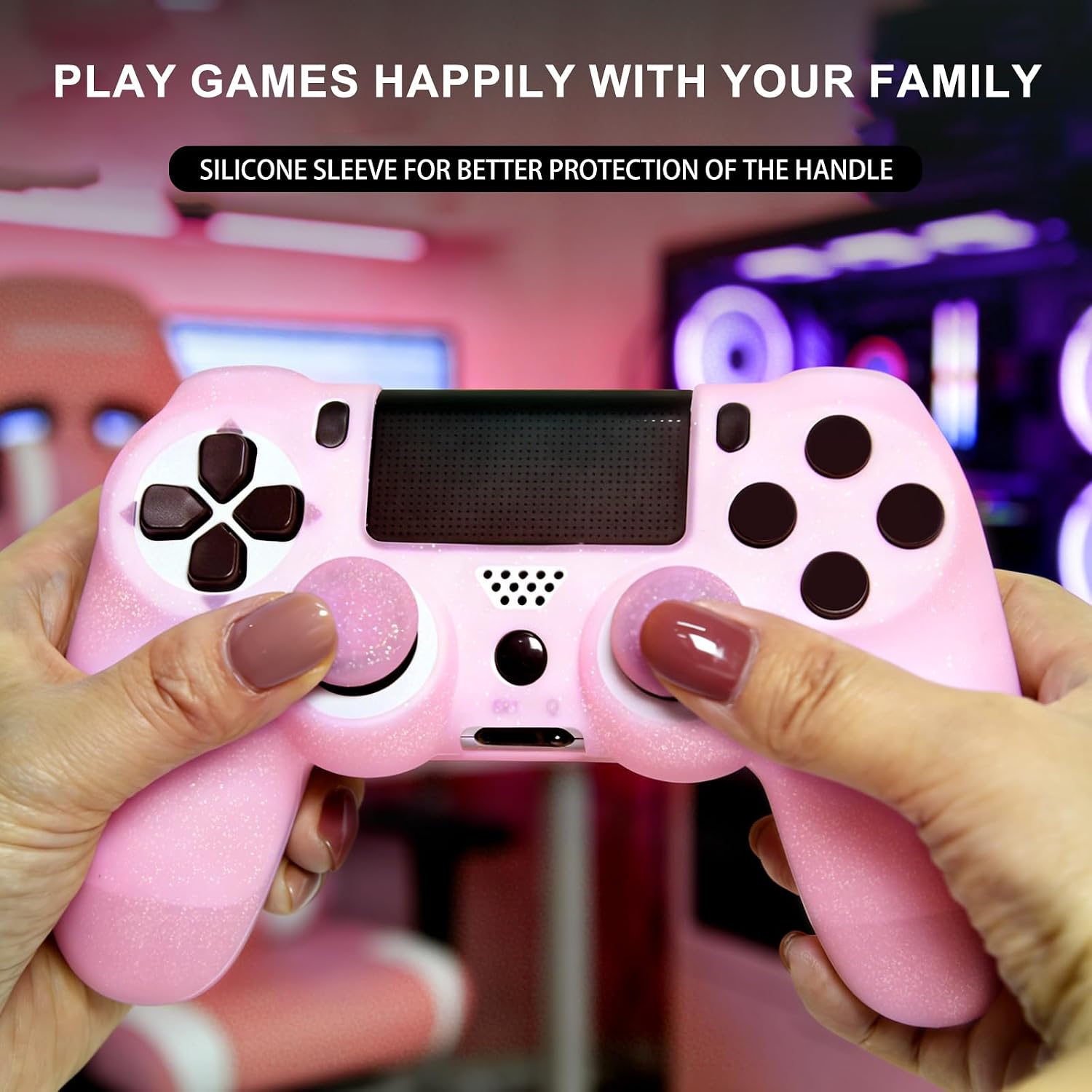 Pink Glitter Anti-Slip Protective Silicone Cover Skin Grips Compatible with PS4/Slim/Pro Controller,8 PCS Glitter Thumb Grips Caps and 2 Grips Caps. (Glitter Pink) 3 71tvmv jdlL. SL1500