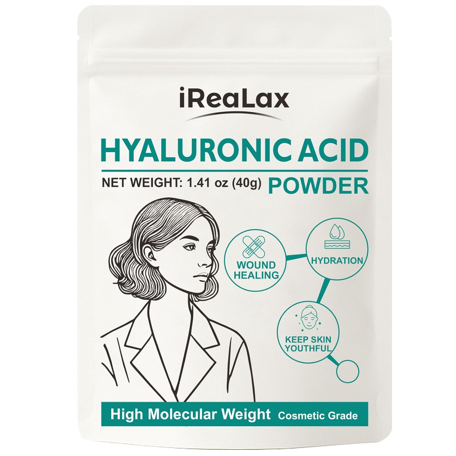 Hyaluronic Acid Powder | High Molecular Weight Hyaluronic Acid Serum Powder | 40g(1.41oz) Cosmetics Grade | Sodium Hyaluronate HA | LMW HMW Hyaluronic Acid ingredients to make gel and DIY Serums