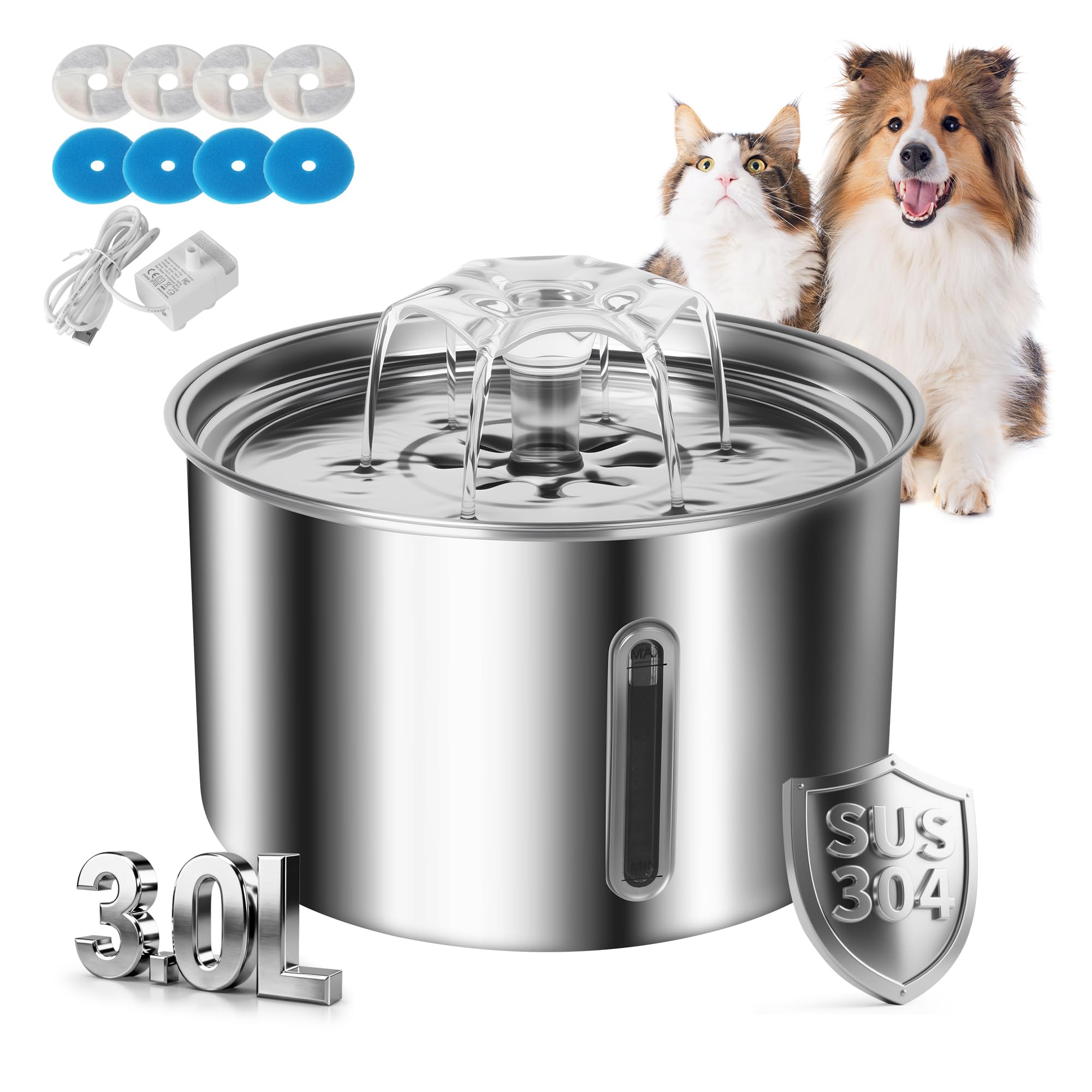Cat Fountain Stainless Steel 3.0 L, Silent Cat Drinker with LED and Triple Filtration System, Water Fountain for Cats Easy to Clean, Pet Water Dispenser with 4 Filters