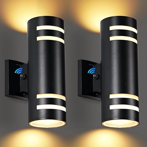 Miniatura 36 de Paquete de 4 lámparas de pared del anochecer al amanecer, modernas luces de pared para exteriores con bombillas LED, lámpara cilíndrica negra