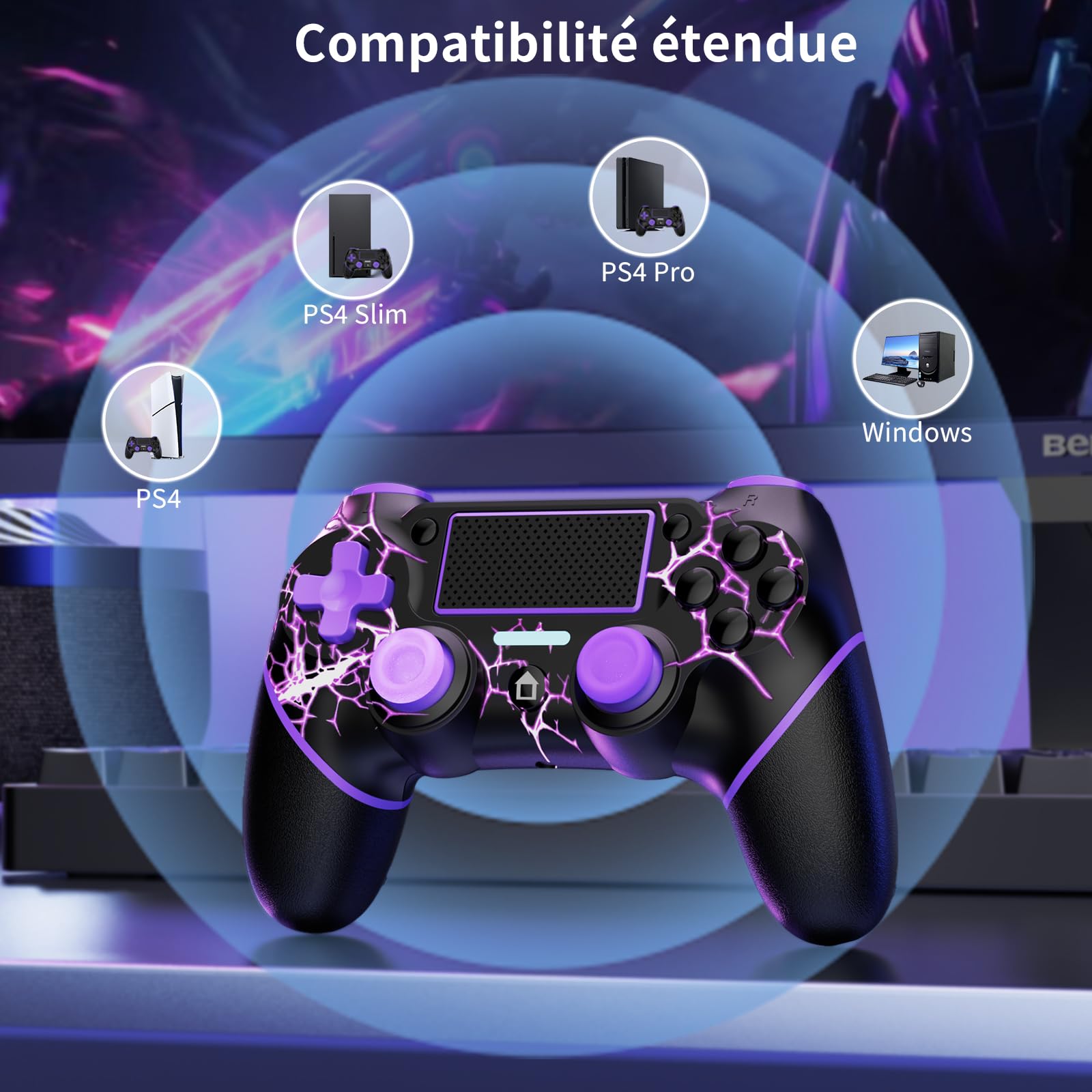 Reddening pour Manette PS4, Manette Pc pour PS4/Pro/Slim/PC, Joystick avec Bouton Turbo/Retour, Double Vibration, Gyroscope 6 axes et écran tactile, Purple