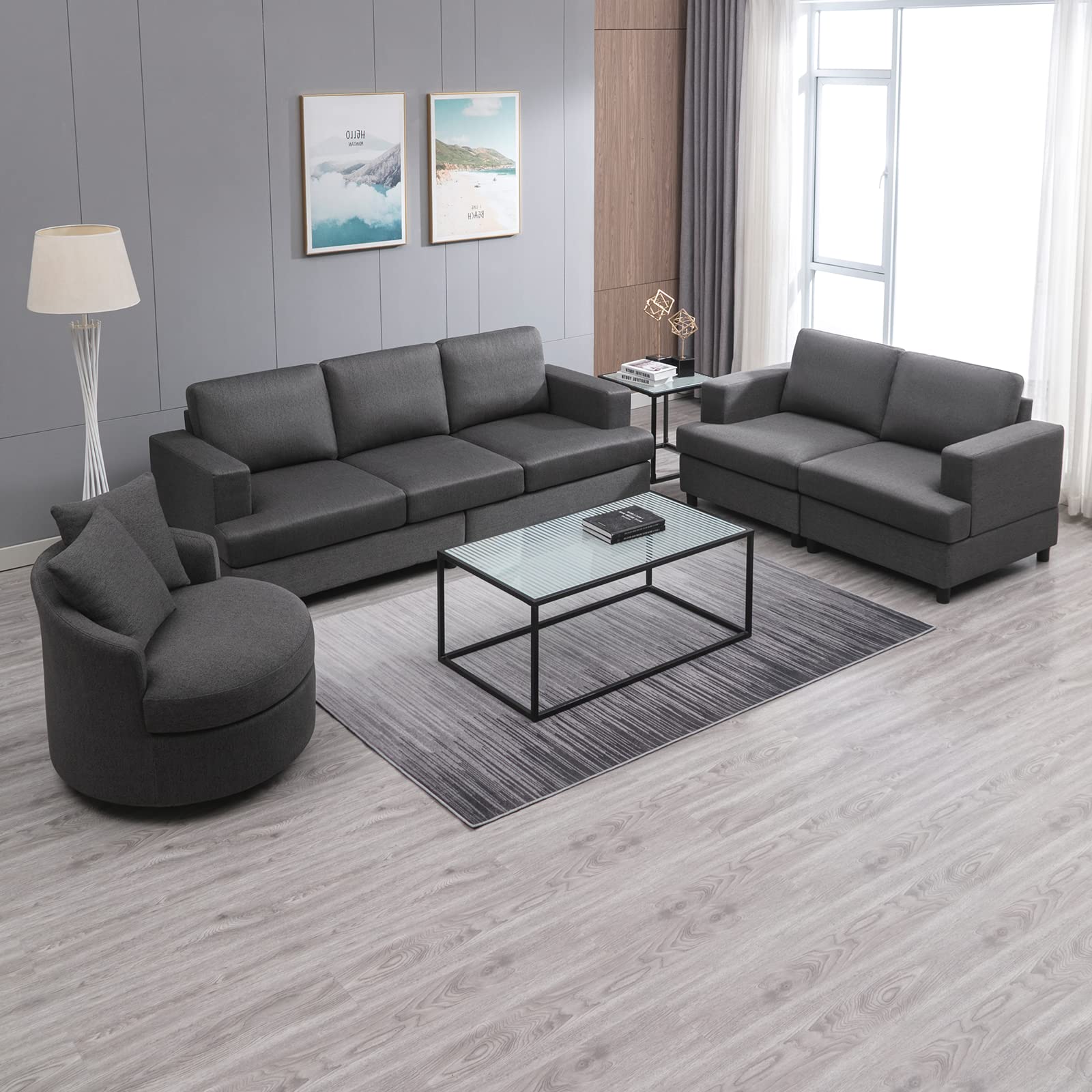 CECER 3 Piece Upholstered Living Room Sofa Set, Sectional Sofa Couch, Linen Furniture Sets Including 3-Seater Sofa, Loveseat and Single Sofa Chair for Apartment/Living Room/Bedroom (Dark Grey)