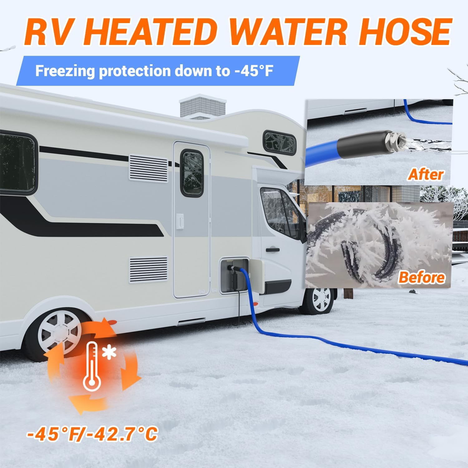 YOLENY 50FT Heated Water Hose for RV, -45°F Freeze Protection, Drinking Water Safe & BPA-Free, Energy Saving Thermostat, 5/8" ID Leak-Proof Fittings, Electric Heated Garden Hose for Camper