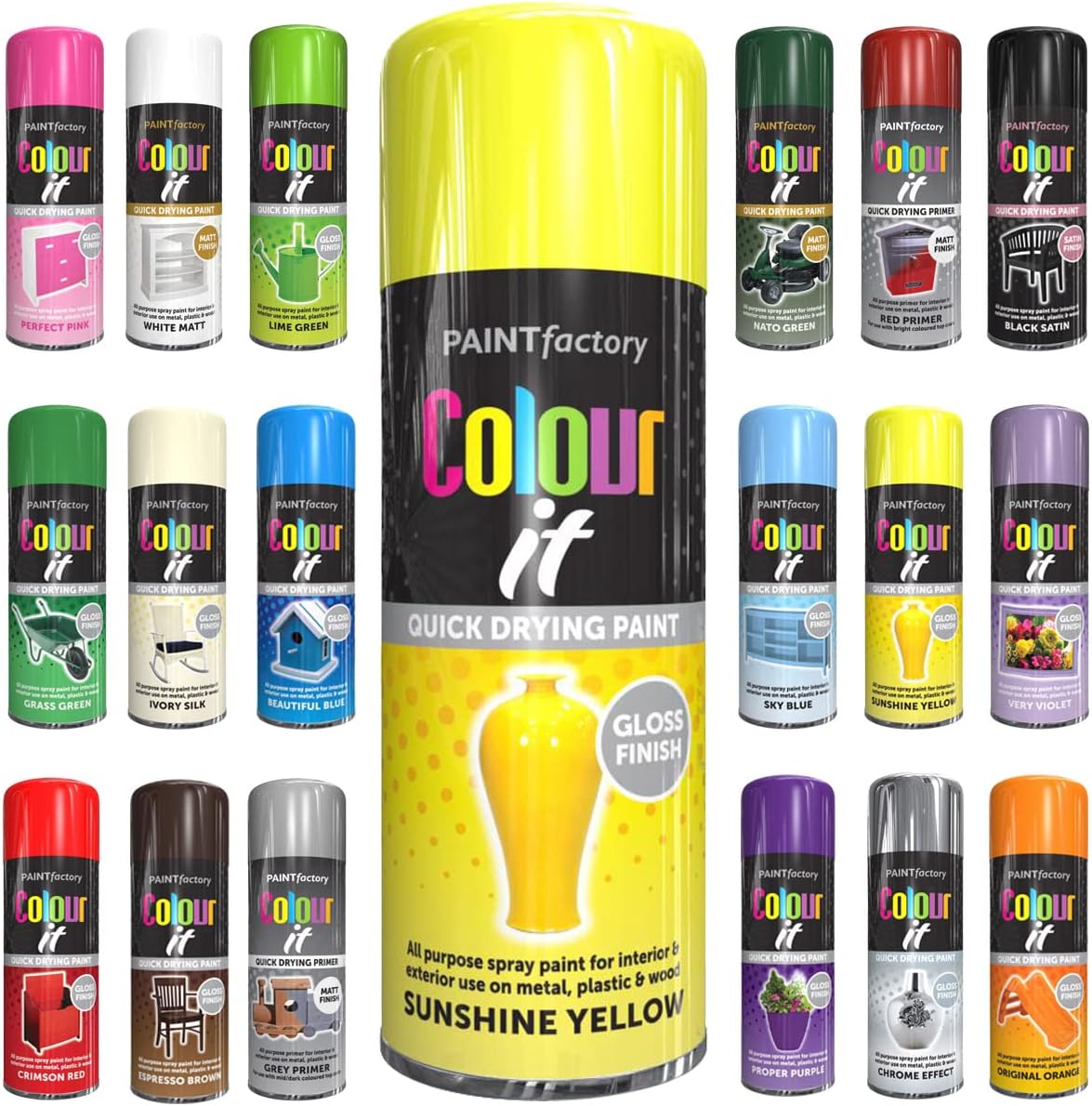 1 x All Purpose Sunshine Yellow Aerosol Spray Paint 400ml Quick Drying Spray,Fast Dry and Excellent Coverage for Metal, Wood, Plastic and More