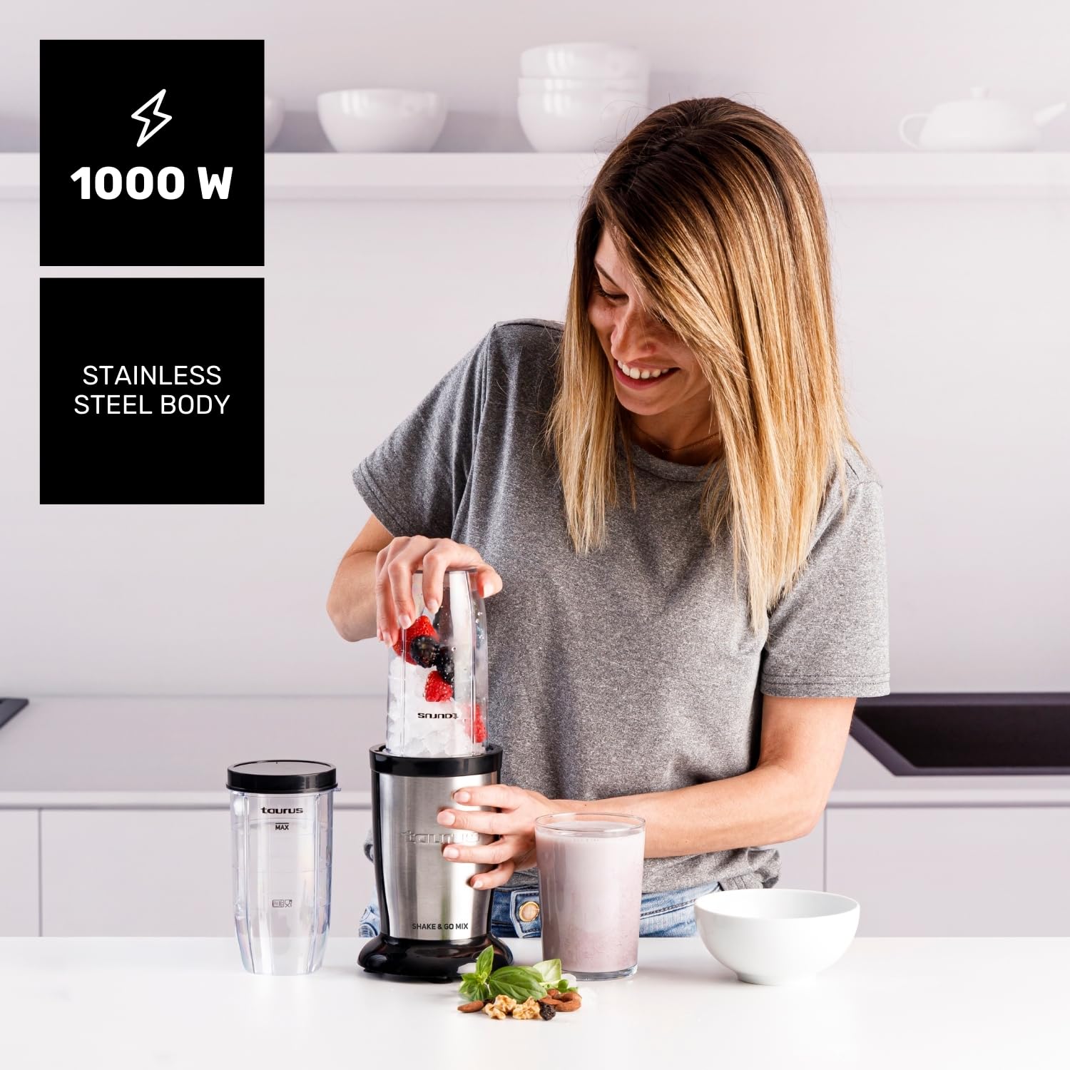 Taurus Shake & Go Mix – Mini batidora portátil de 1000W con vaso de 500 ml portatil | 6 cuchillas de acero inoxidable | Tritura hielo y fruta congelada | Pulse Technology | Incluye tapas
