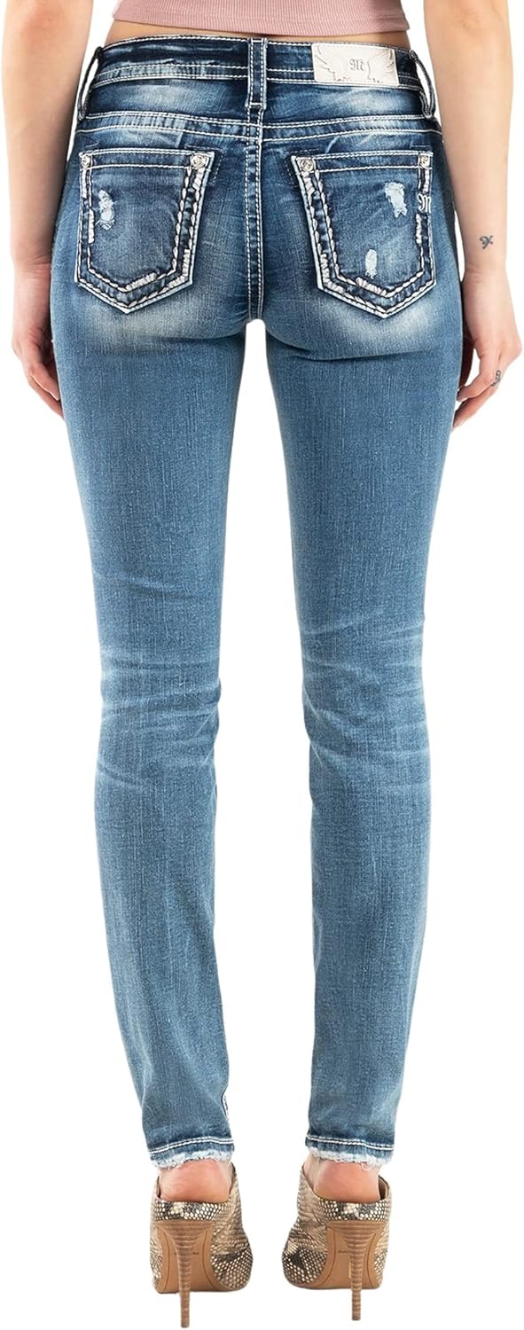 Miss Me Women's Mid-Rise Metallic Border Embellished Skinny Jeans with Freyed Hem