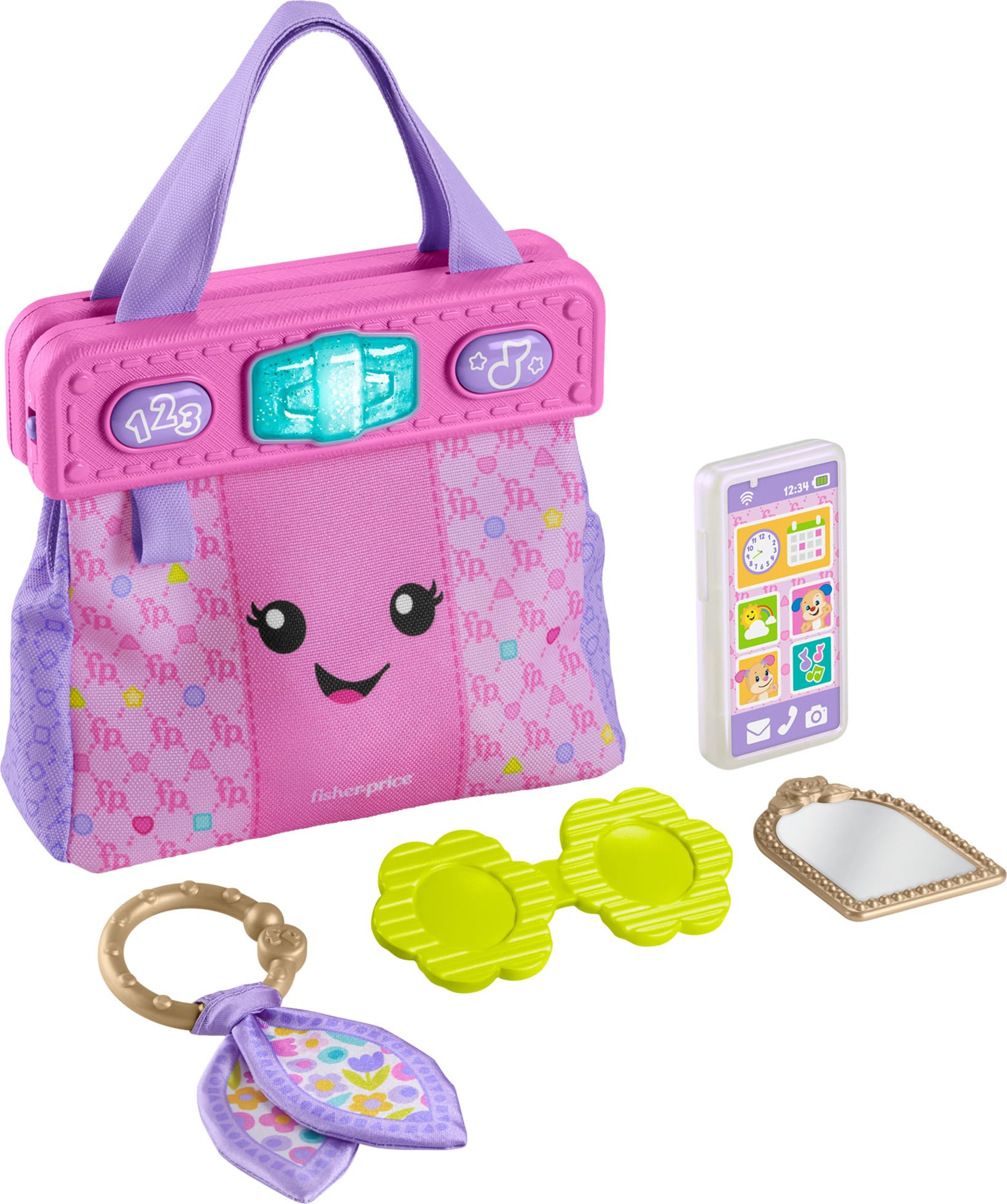 Fisher-Price Zabawka edukacyjna dla niemowląt, portfel do nauki i śmiechu, torba Going Places z 4 akcesoriami Pretend Play dla niemowląt i małych dzieci od 6 miesięcy, HTW89