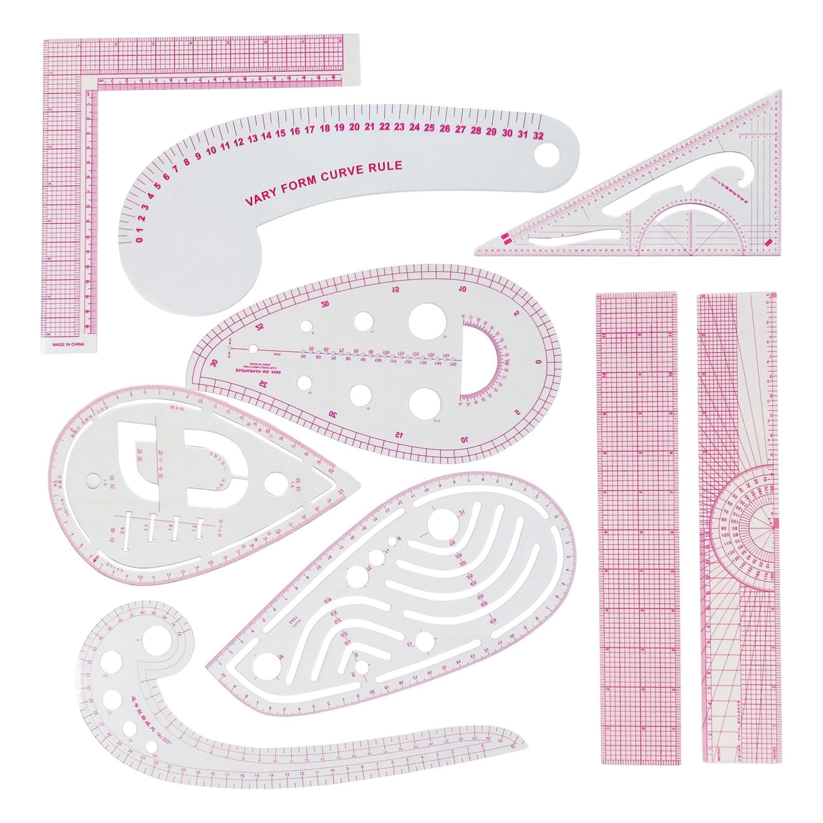 9x French Curve Ruler Set Transparent Sewing Ruler for Tailors Designers Beginners