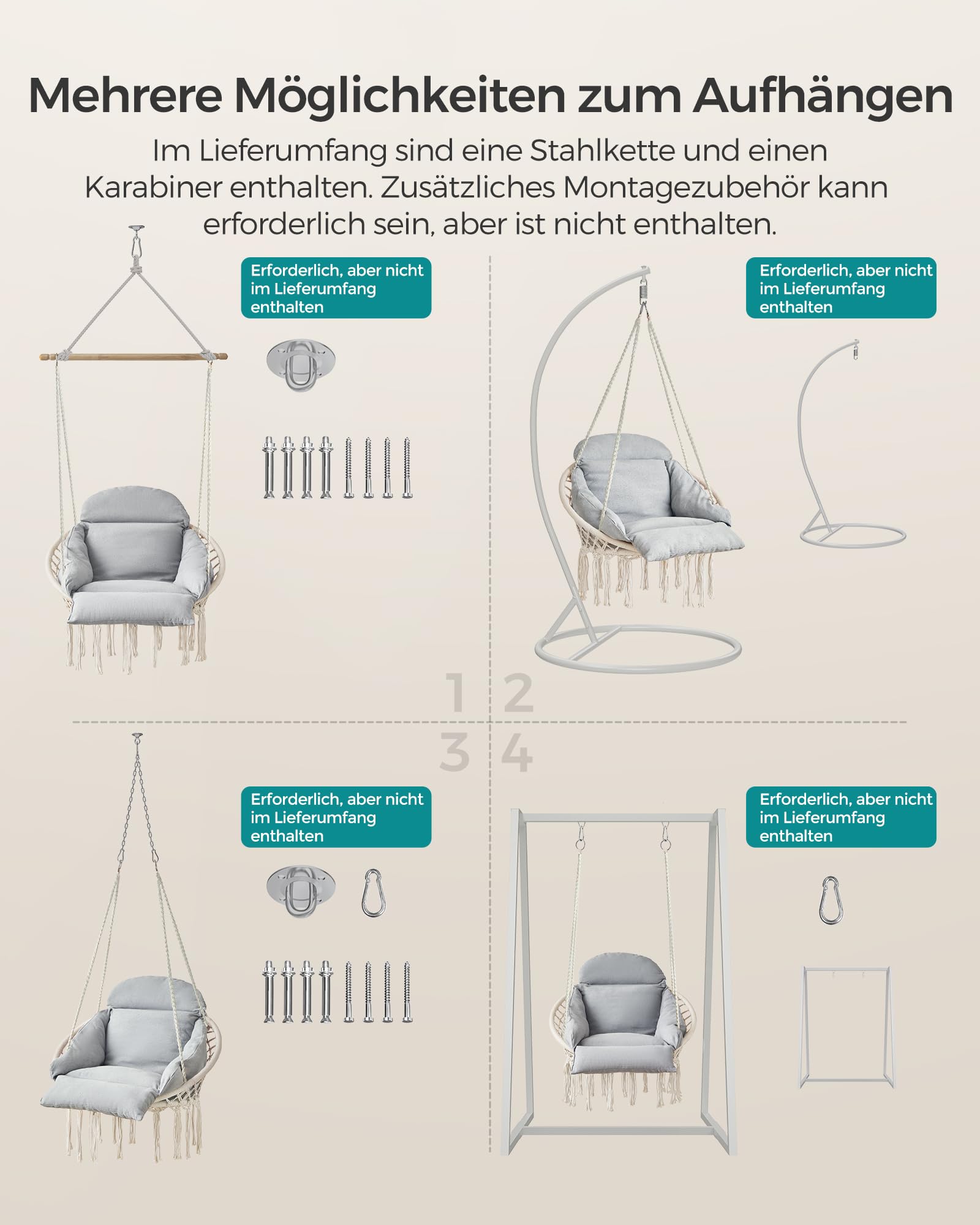 SONGMICS Hängesessel, Dickes Kissen, bis 120 kg belastbar