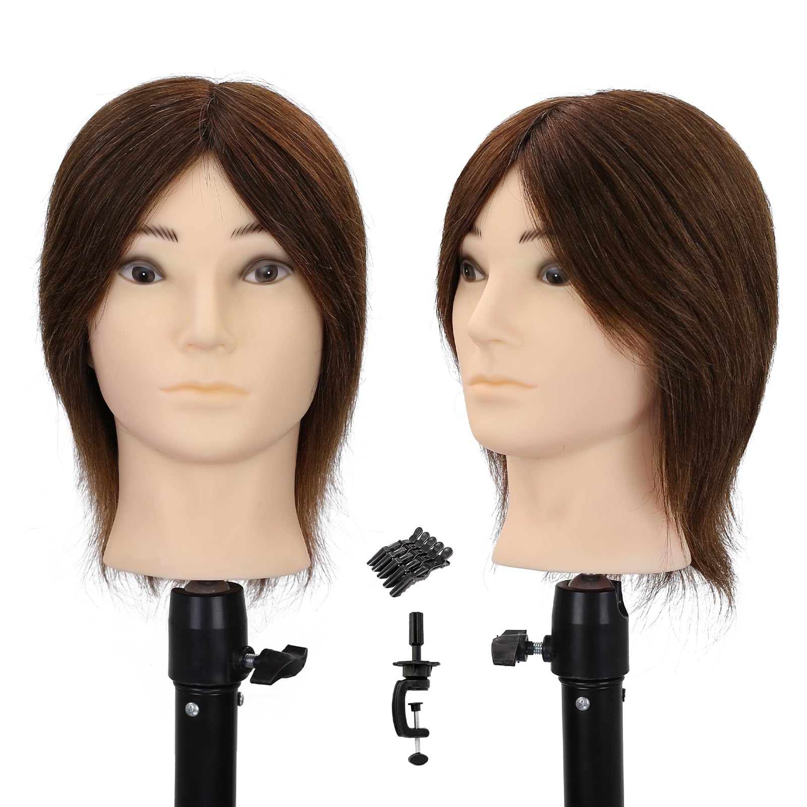 Testa di manichino maschile, testa da allenamento con capelli 100% umani, testa di manichino da barbiere da 30 cm, testa di manichino maschile con barba per acconciature (marrone scuro)_voghion.com